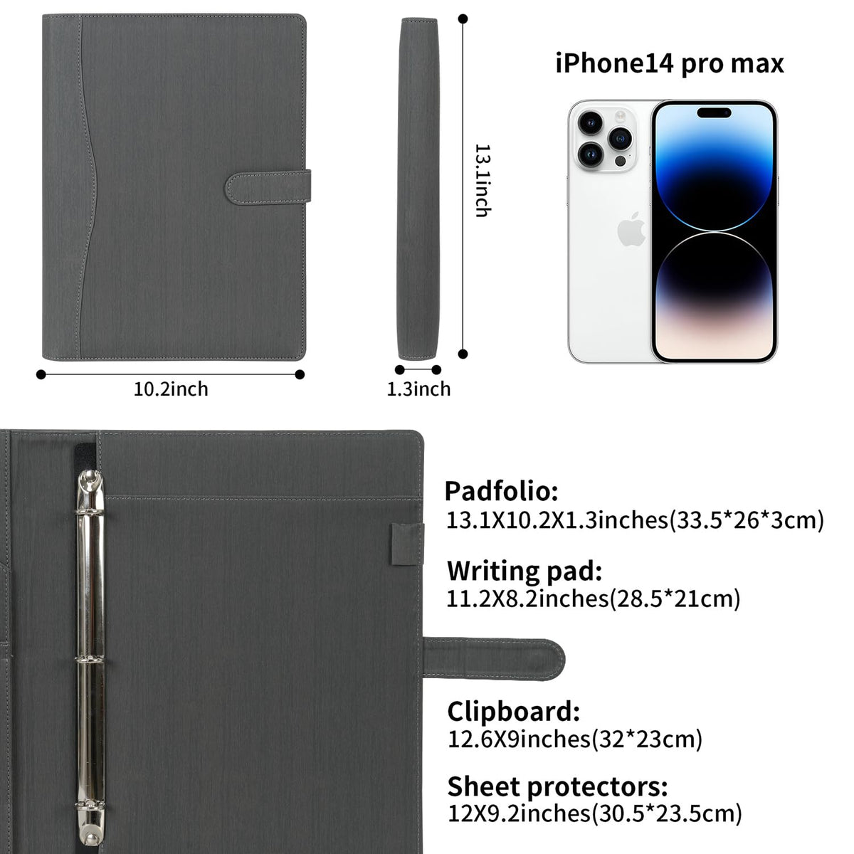 Wonderpool A4 PU Leather Portfolio Holder Ring File Document Case with Removable Binder Clipboard, Multi Pocket and Legal Pad for Business Organizer Interview and Meeting (Gray)