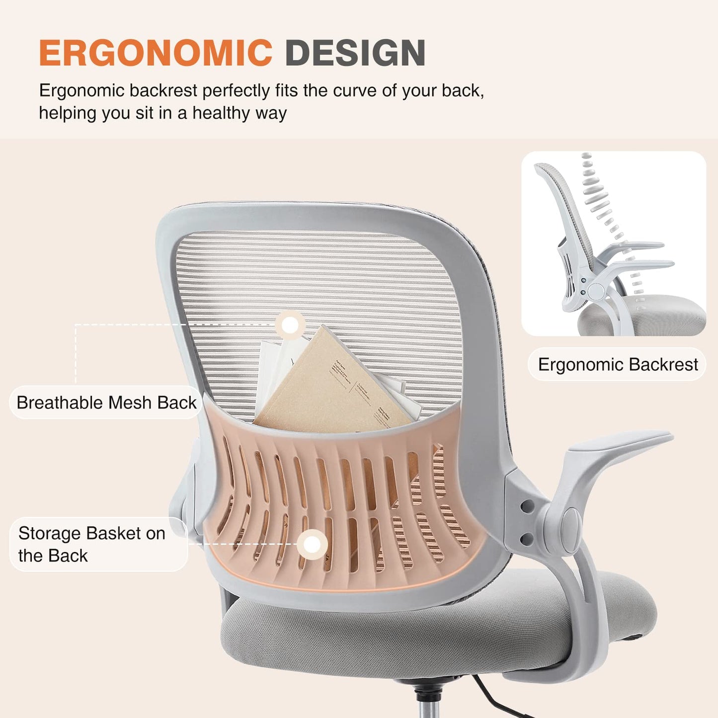 Sweetcrispy Office Computer Desk Chair, Ergonomic Mid-Back Mesh Rolling Work Swivel Task Chairs with Wheels, Comfortable Lumbar Support, Comfy Flip-up Arms for Home, Bedroom, Study, Student, Gray