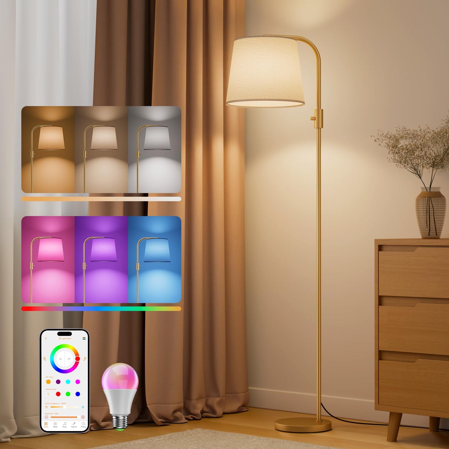 VARICART Smart Arc Floor Lamp, 65" Compatible with Alexa & App Control, RGB Color-Changing & 2700K-6000K, 1%-100% Dimmable, Music Sync, 1200lm, 350° Swivel Woven Linen Shade, No Registration Required