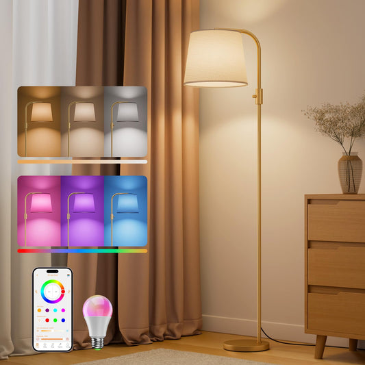VARICART Smart Arc Floor Lamp, 65" Compatible with Alexa & App Control, RGB Color-Changing & 2700K-6000K, 1%-100% Dimmable, Music Sync, 1200lm, 350° Swivel Woven Linen Shade, No Registration Required