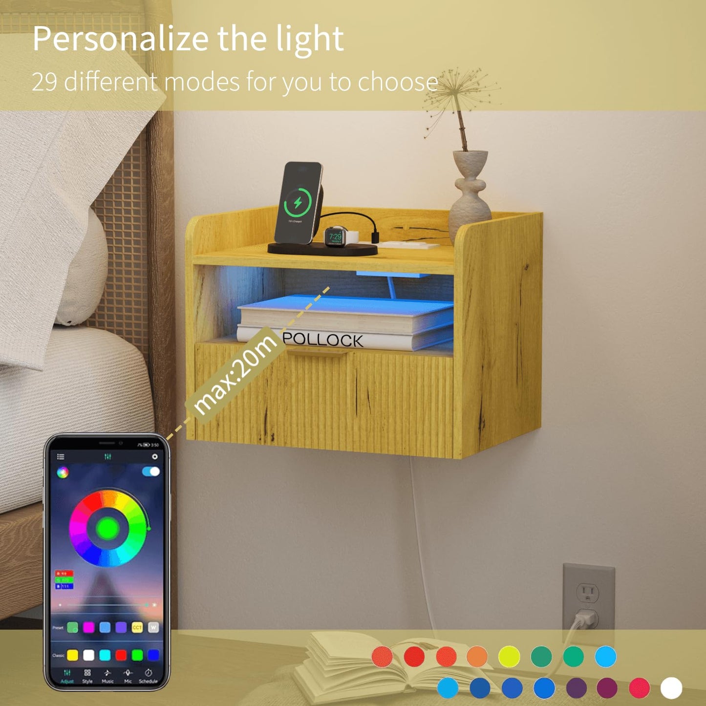 Veegle Floating Nightstand with Charging Station and LED Lights (Yellow Oak)