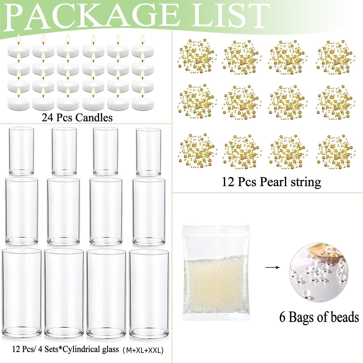PNJHDZ Set of 12 Glass Cylinder Vases for Centerpieces with 8 Pack Vase Filler 12 Pearl String 24 White Floating Candles for Table Centerpieces for Wedding Party Home Decor 5, 6, 8 Inch