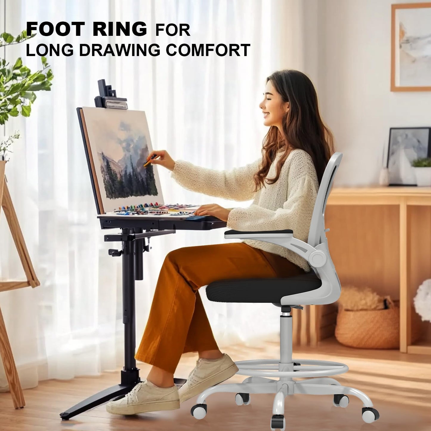 Synorla Ergonomic Drafting Chair, Tall Mesh Office Chair with Flip-up Armrests, Lumbar Support Adjustable Footrest Ring for Standing Desk Gray Pink