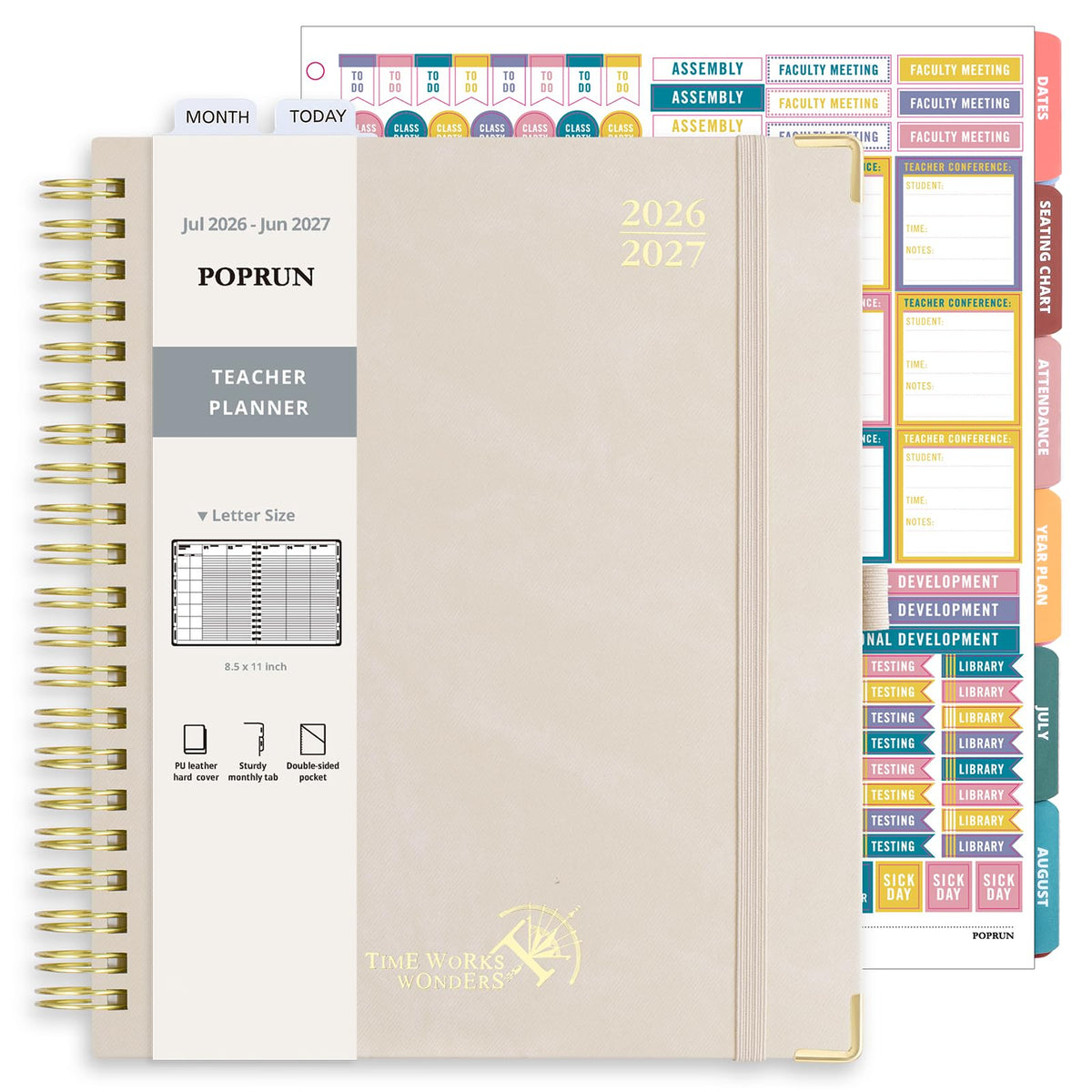 POPRUN Teacher Planner 2026-2027, Letter Size 8.5"x 11", Monthly and Weekly Calendar, July 2026 - June 2027, Hardcover Planner Notebook, Spiral Bound, Teacher Classroom Supplies - Beige
