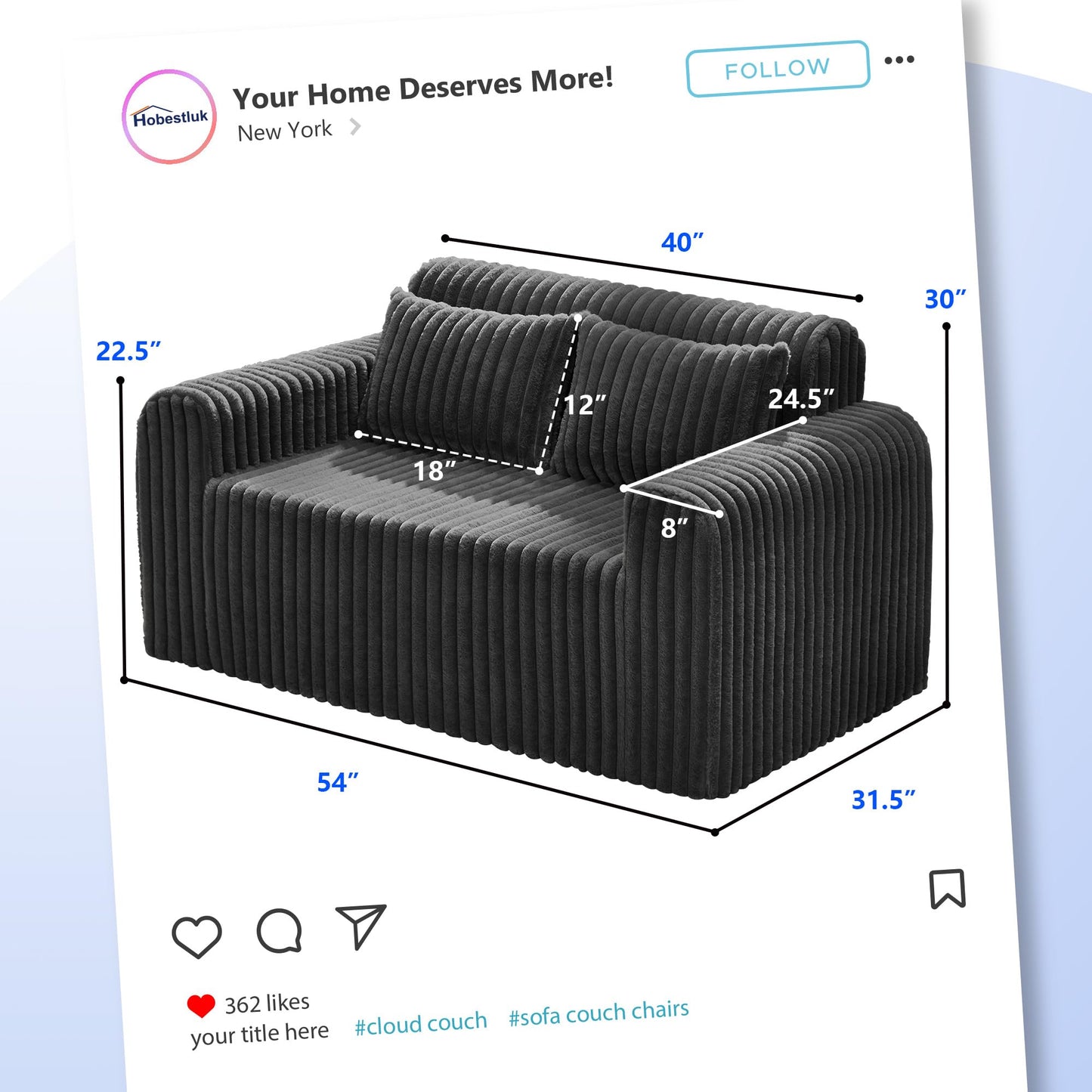 Hobestluk Couch Sofa 2-Seater Foam Sofa Loveseat for Small Spaces Comfy Sofas with Removable Cover Furry Couch with Pillows for Living Room, Bedroom, Apartment, Office (Black, Loveseat)