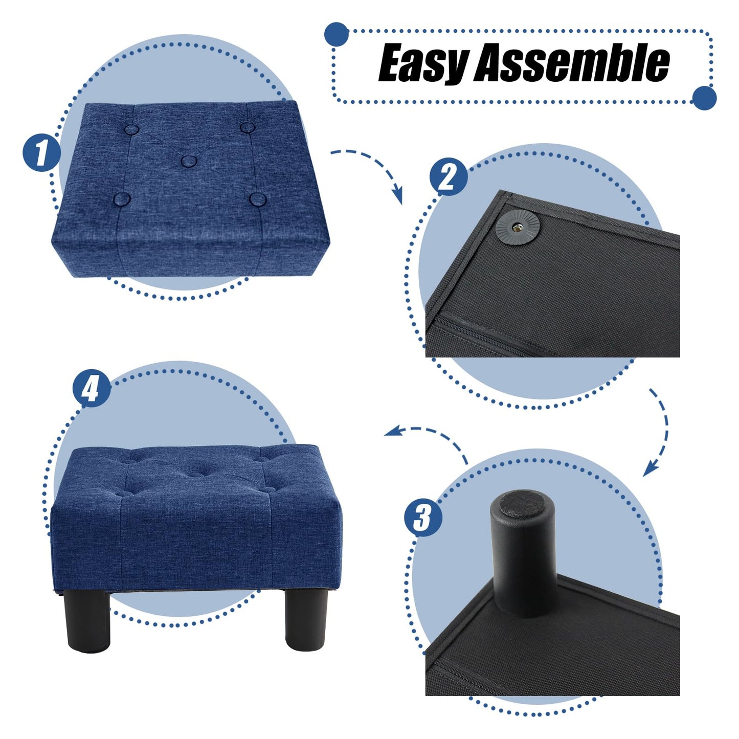 BRIAN & DANY Small Foot Stool, Linen Foot Stools with Legs, Stable Small Footstool for Living Room, Blue