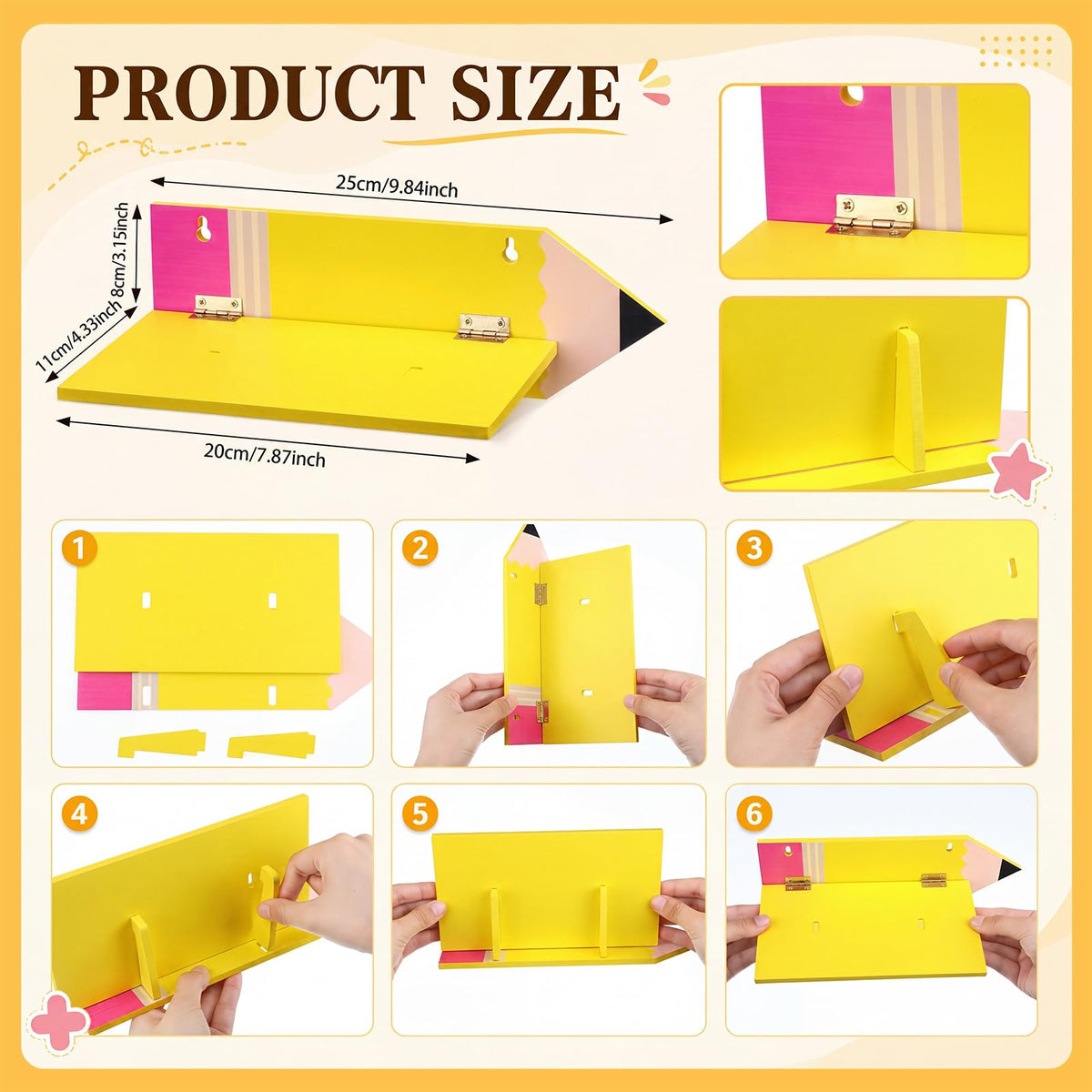 Fumete 3 Pcs Back to School Pencil Shaped Wall Shelves 9.8 x 4.7 x 3.5 Inches Wooden Pencil Theme Floating Shelf for Classroom Wall Bookshelf Organizer for Back to School Supplies Classroom Decor