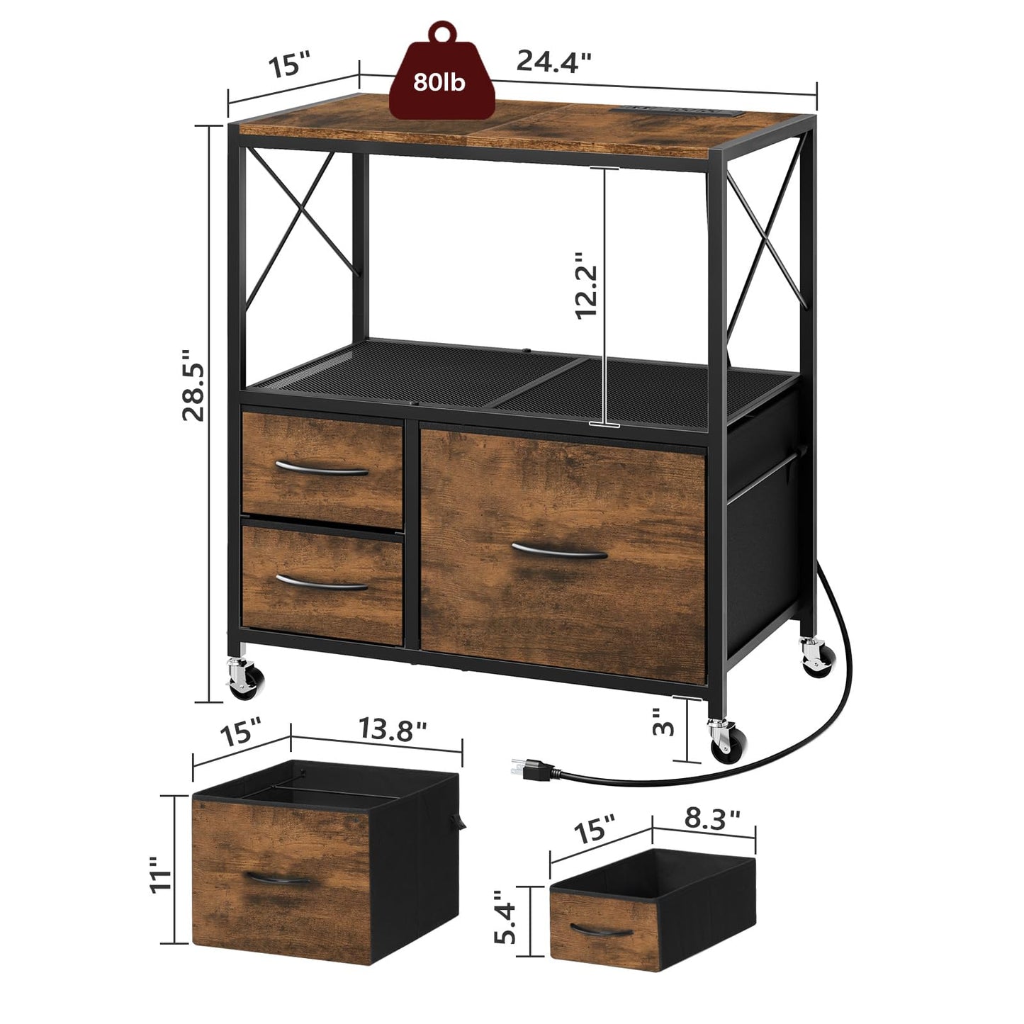MAHANCRIS File Cabinet with Charging Station, 3 Drawer Lateral Filing Cabinet for Home Office, Mobile Printer Stand with Open Shelf, Fits A4/Letter Size File, Nonwovens Drawer, Rustic Brown FCHR98E01