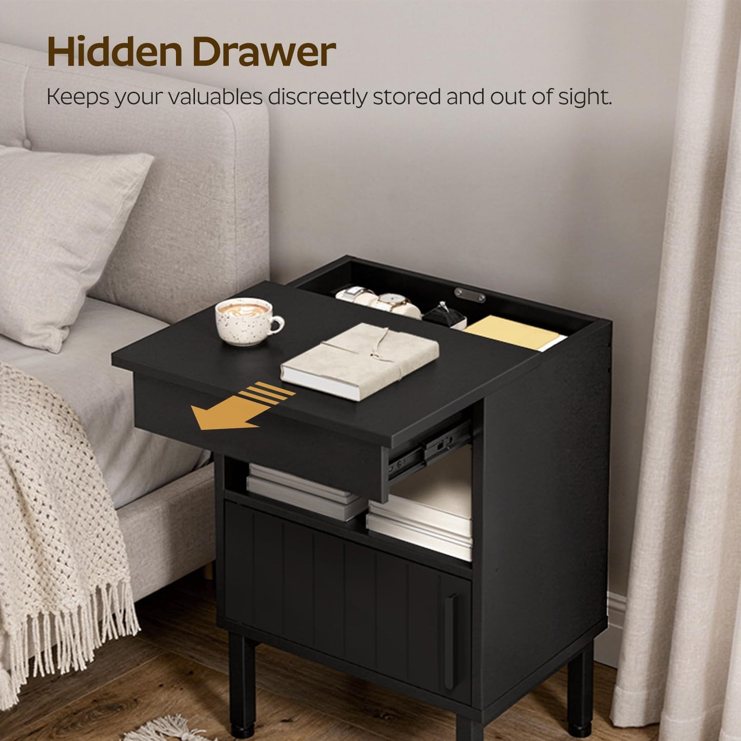 YATINEY Nightstand with Gun Drawer, Bedside Table with Hidden Compartment, End Table with Storage, Night Stand for Bedroom, Office, Black ET22BB