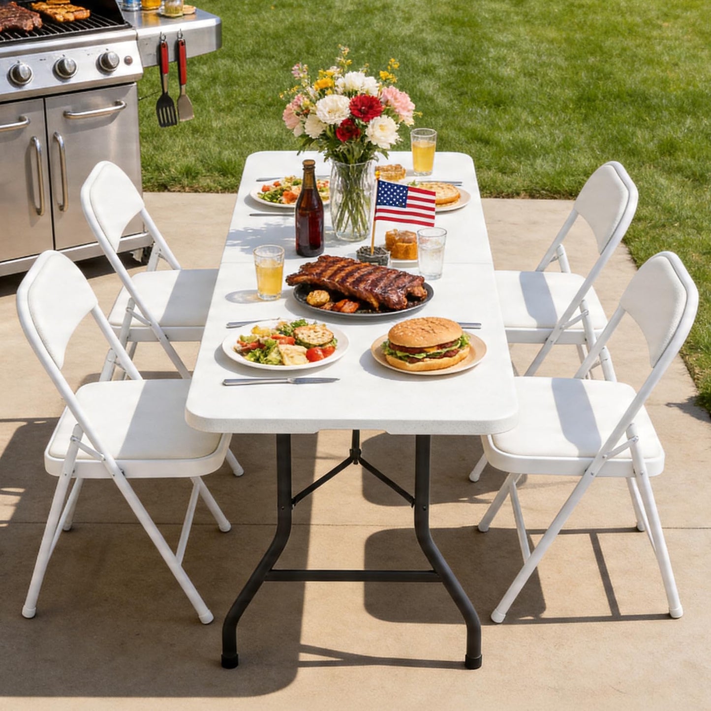 Folding Dining Table Set for 4, 5FT Foldable Plastic Table with Carrying Handle & 4 PU Leather Padded Folding Chairs, Portable Table and Chairs Set for Indoor Outdoor, Party, Wedding, Picnic, Camping