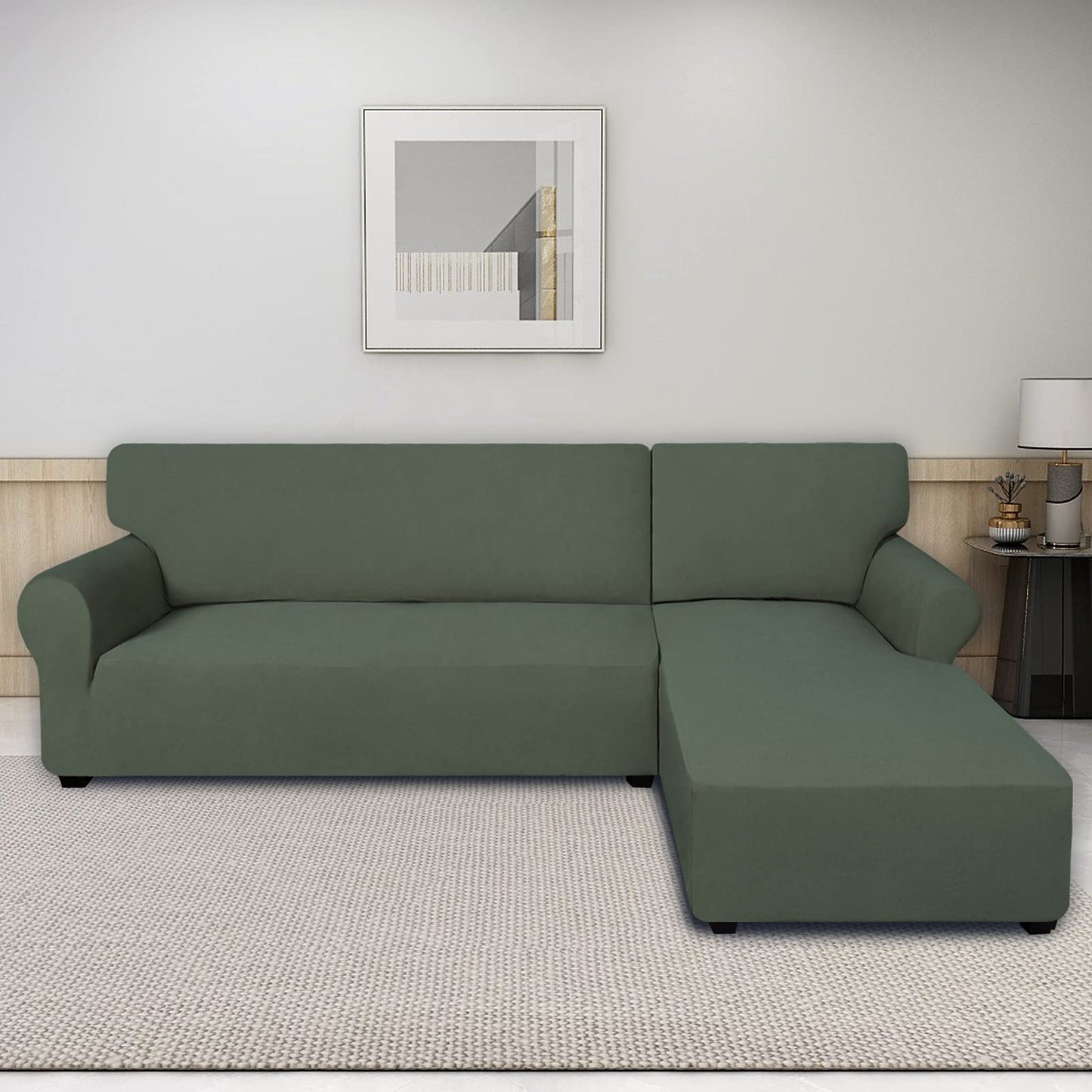 PureFit Super Stretch Sectional Couch Covers - 2 pcs Spandex Non Slip Sofa Covers with Elastic Bottom for L Shape Sectional Sofa, Great for Kids & Pets (3 Seat Sofa + 3 Seat Chaise, Greyish Green)