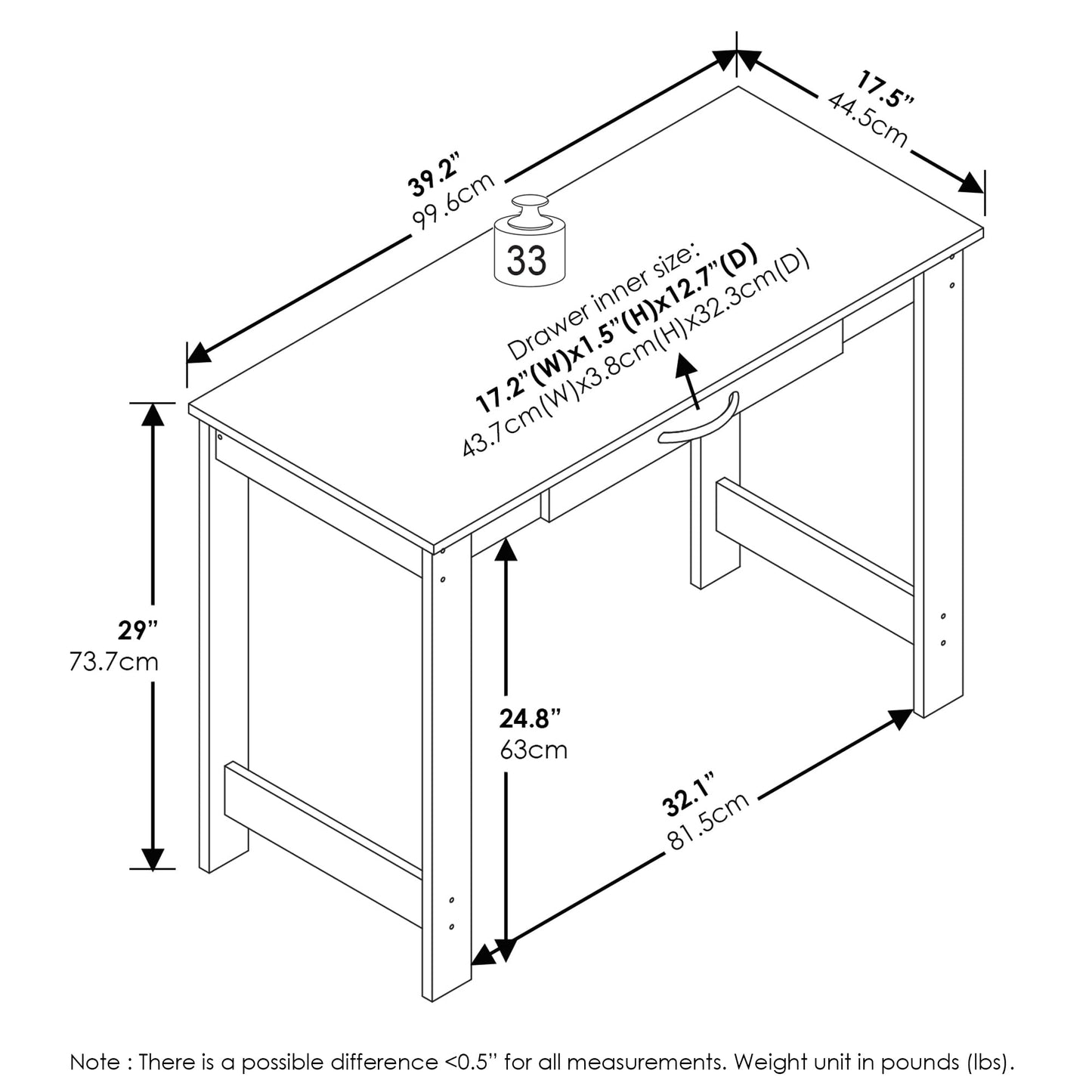 Furinno Jaya Desk, 39.2" Wide Computer Desk with H-Legs, Office Desk with Drawer, Writing Desk, with Drawer, for Home Office, Study Room, Dorm, Darkwood
