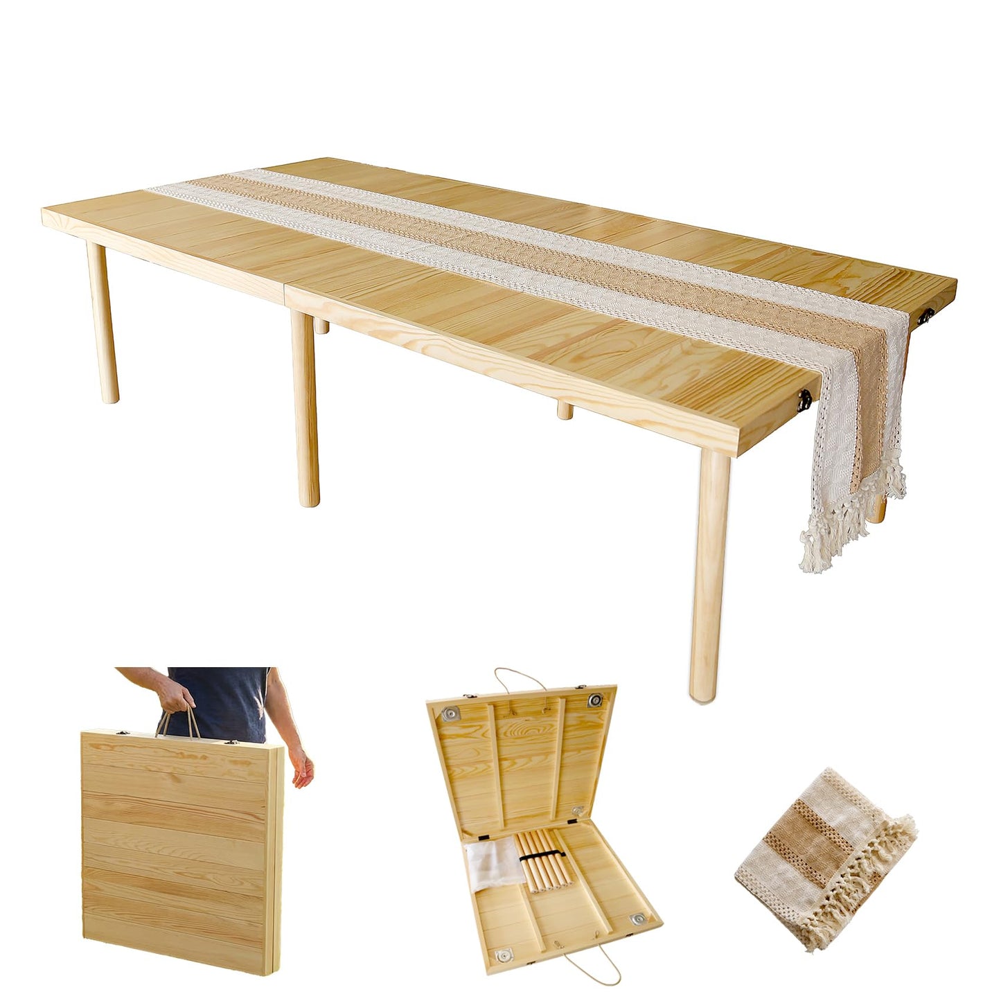 Amdermi Folding Picnic Table with Table Runner, 60 x 30 Inch Portable Boho Low Picnic Table for Indoor Outdoor Camping, Beach, Garden, Party, 6-8 Person