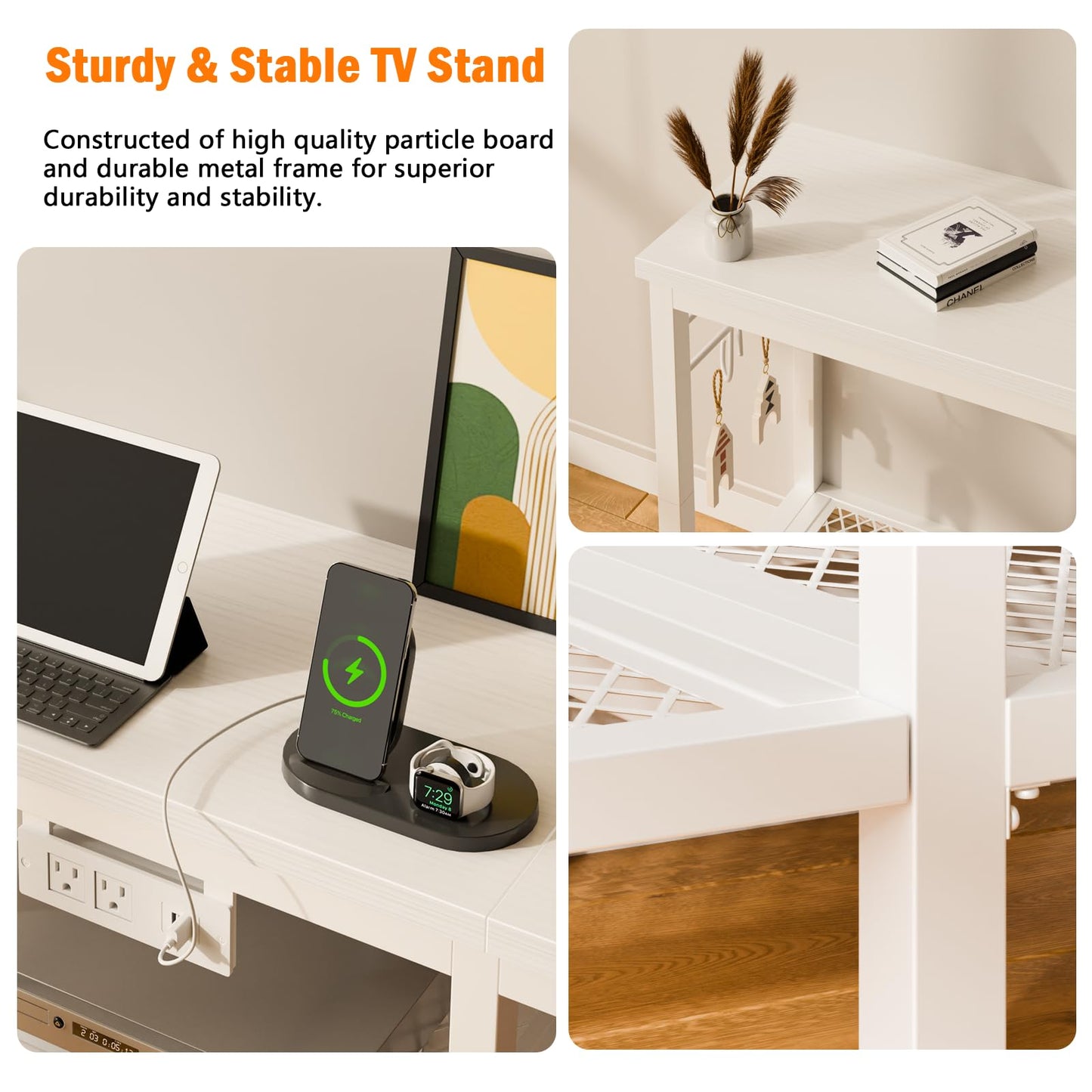Furologee TV Stand with Power Outlets, Entertainment Center with Open Storage Shelves for TVs up to 55 Inch, TV Media Console Table with Soundbar Shelf for Living Room, Bedroom, White