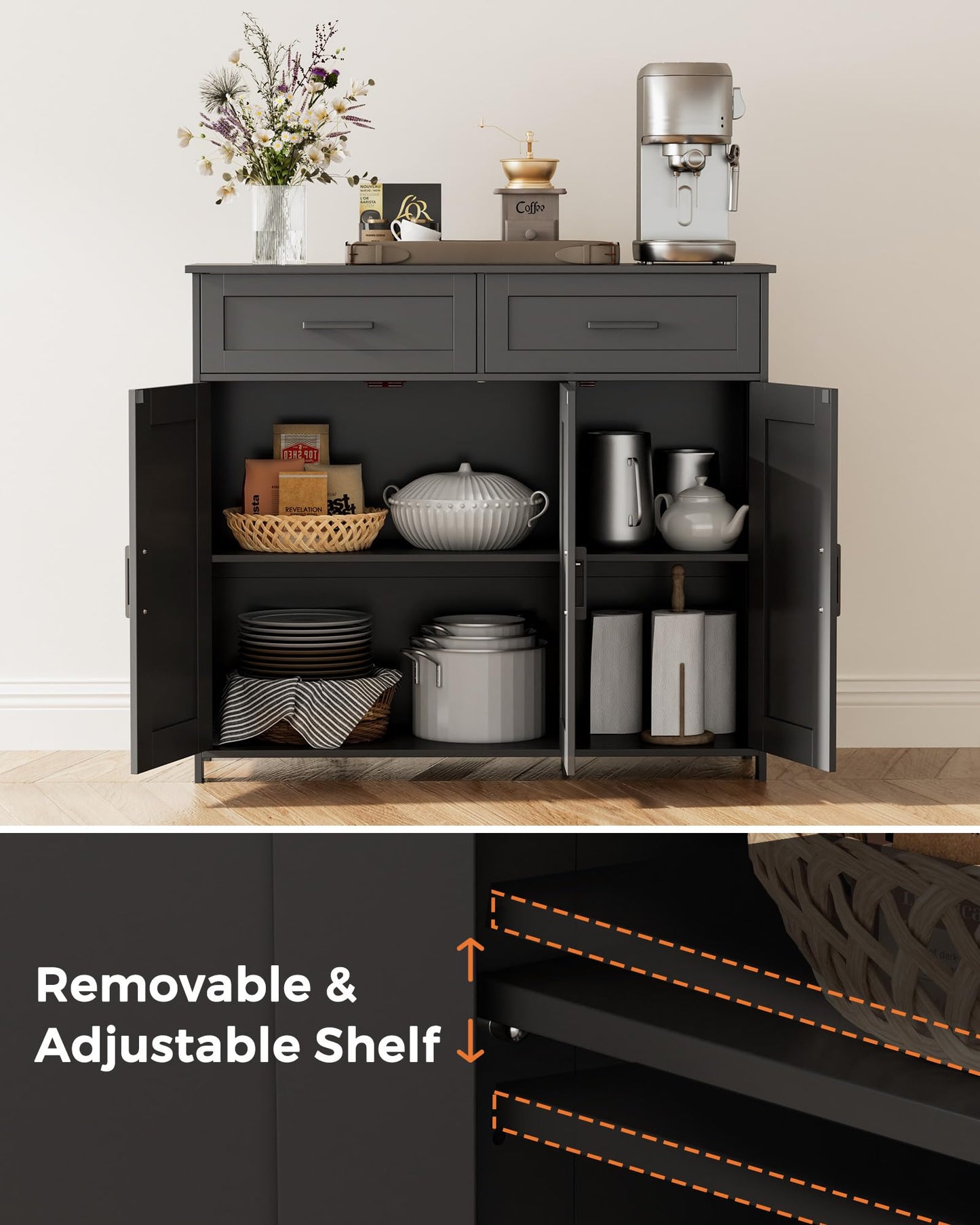 Homhedy Sideboard Buffet Cabinet, Coffee Bar Storage Cabinet with Drawers and Doors, Farmhouse Kitchen Cabinet with Adjustable Shelves, for Kitchen, Dining Room, Living Room, Black