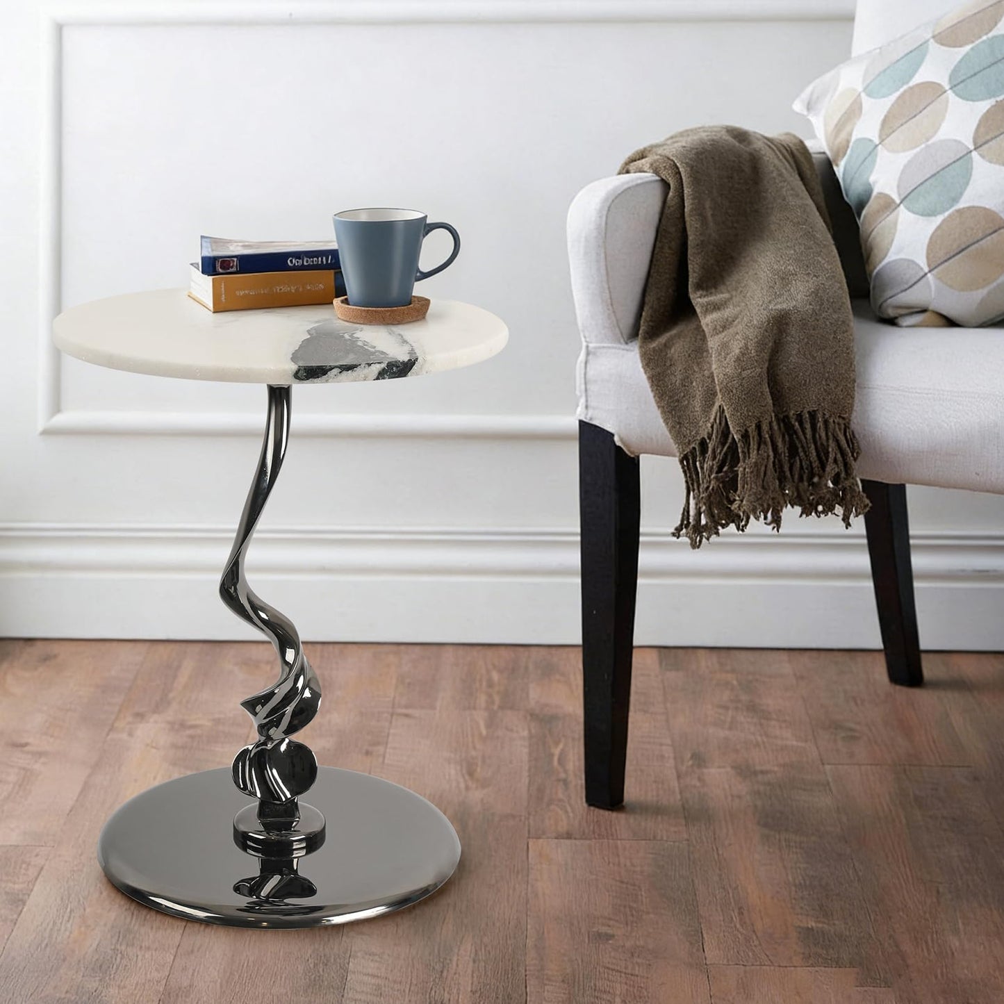 Adolif Round Marble Side Table 16 Inch Pedestal End Table for Living Room