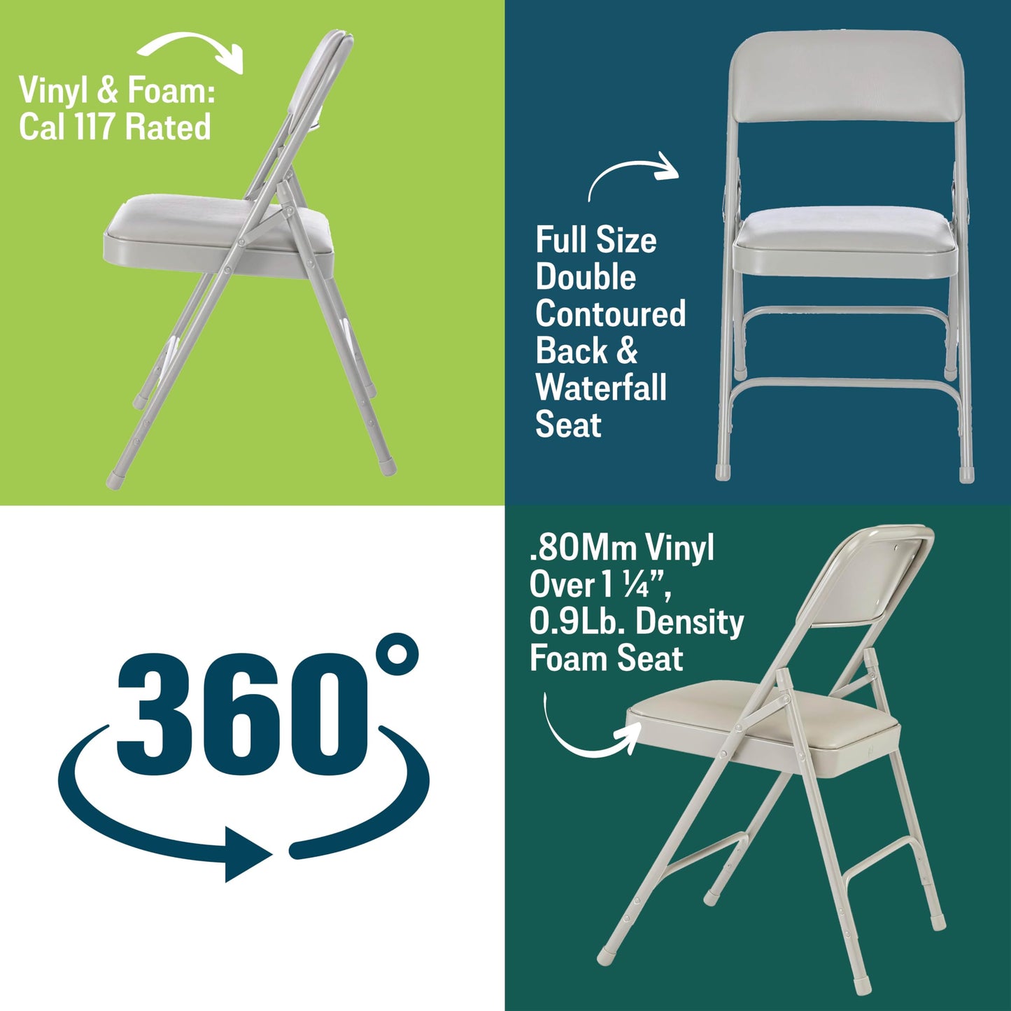 Premium Padded Portable Folding Chairs by National Public Seating – 1200 Series Upholstered, Heavy-Duty Foldable Chairs for Indoor & Outdoor Use – Set of 4, Comfortable & Durable, Warm Gray