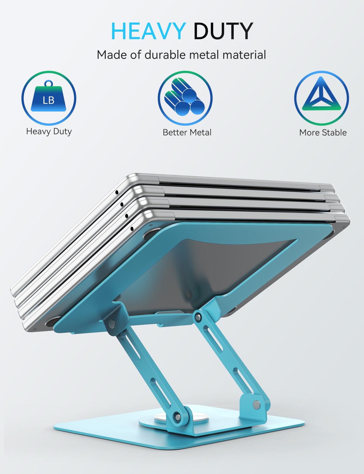 SOUNDANCE 360 Rotating Laptop Stand, Ergonomic Computer Riser for Desk, Adjustable Height Multi-Angle Metal Holder, Foldable Portable Notebook Elevating Base for Office & Home, Blue