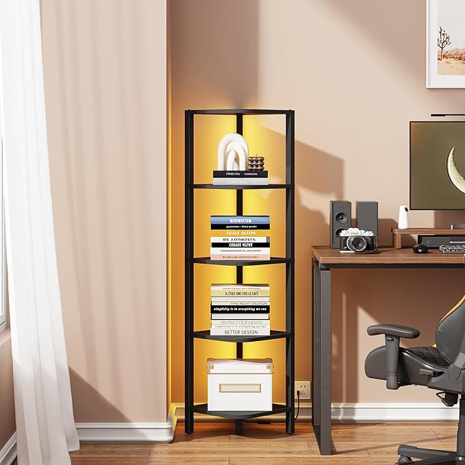 TUTOTAK Corner Shelf with LED Light, 5-Tier Corner Bookshelf