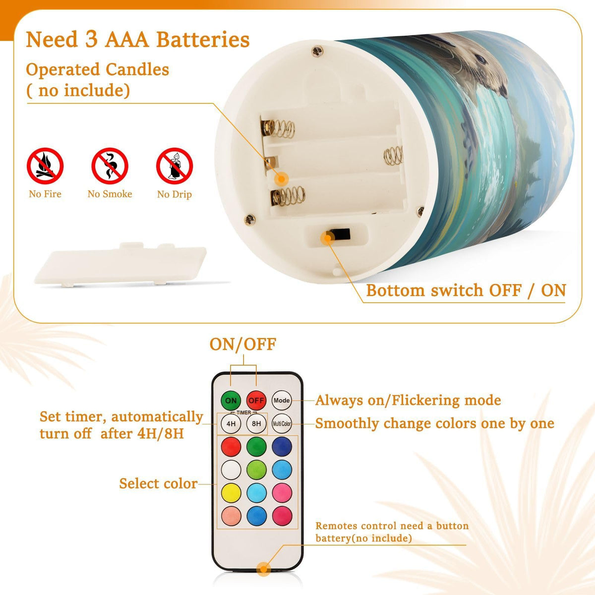 ALAZA Cute Otter Water Flameless Candles, LED Pillar Candles with Remote Timer, Battery Operated Candles Set of 2