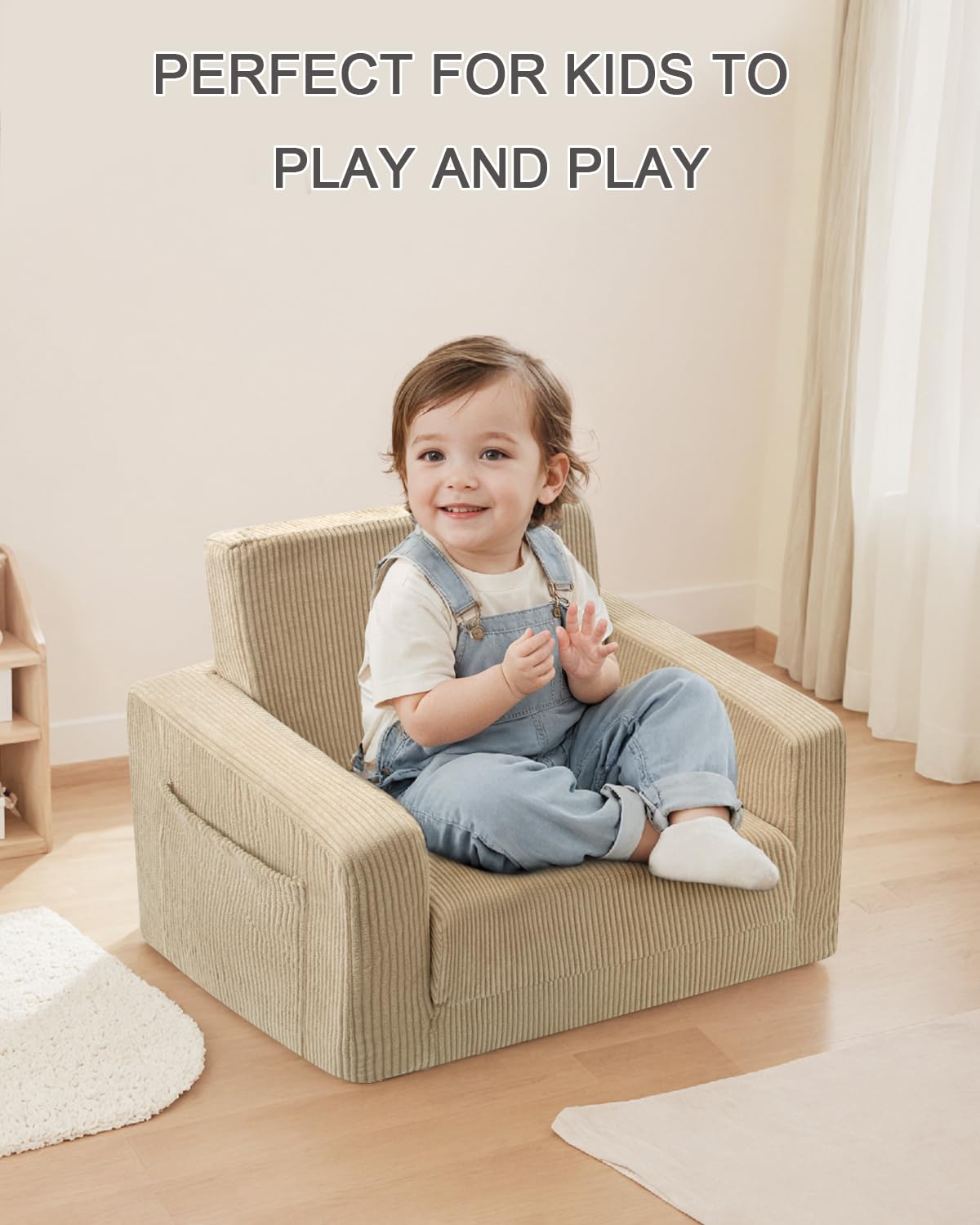 Jouha Kids Chair and Couch, 2-in-1 Fold-Out Kids Sofa, Soft Convertible Seating, Comfy Kids Chair for Boys and Girls,Beige
