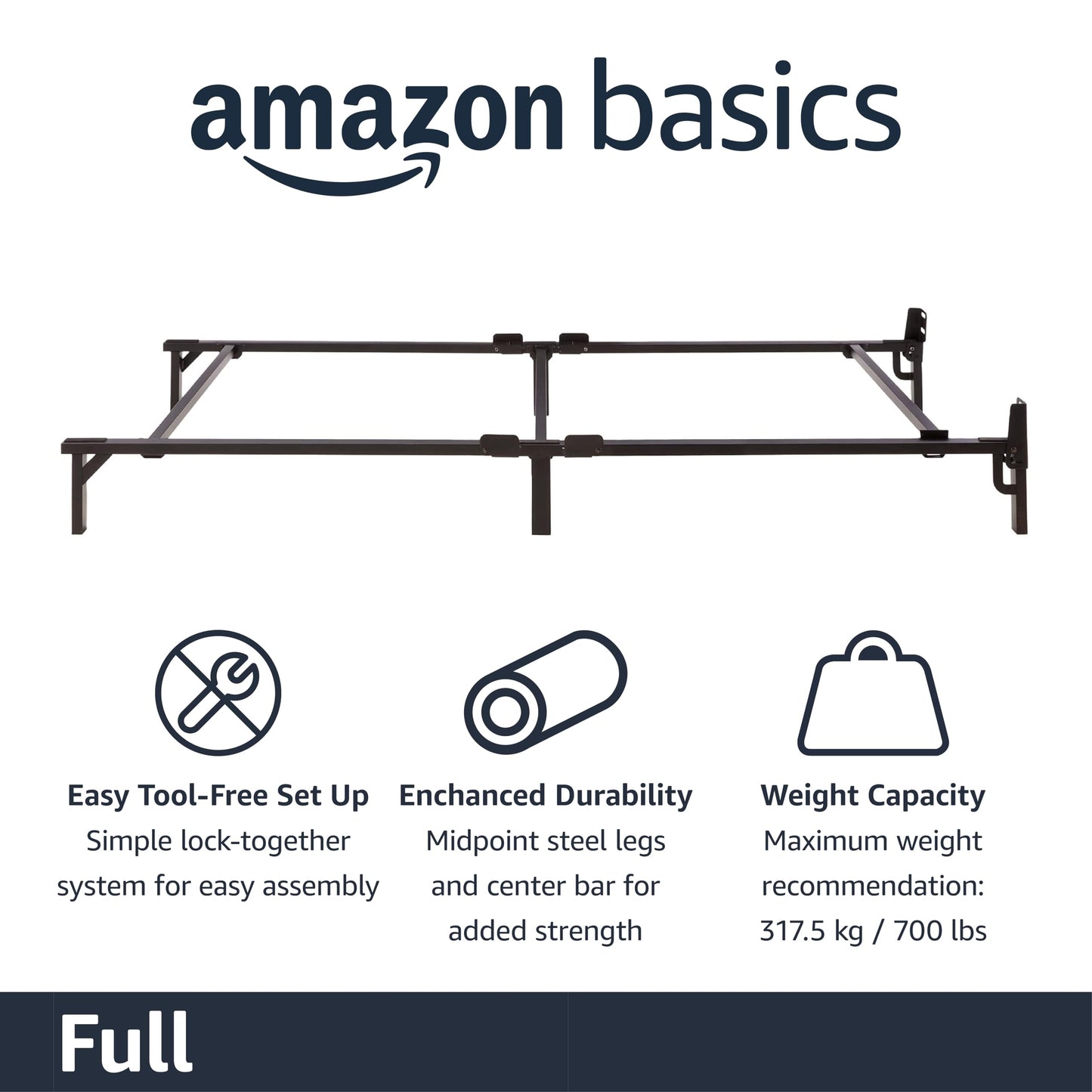 Amazon Basics Metal Bed Frame, 9-Leg Support Base for Box Spring and Mattress, Tool-Free Easy Assembly, No Tools Required, Full Size, Black