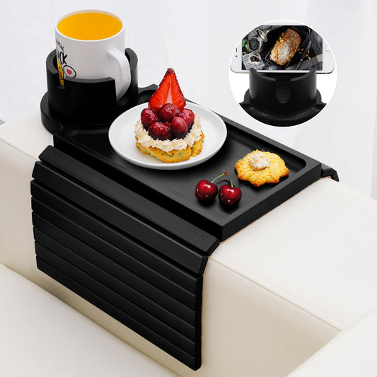 aisongdong Couch Cup Holder Tray - 3 in 1 Sofa Arm Tray with 360° Rotating Cup Holder & Phone Stand,Fits Various Couches Arm Widths - Anti-Slip Foldable Couch Arm Tray for Snacks, Cellphone Remote