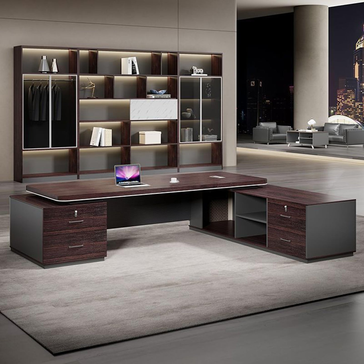 LSIGHTUS L Shaped Office Desk with Storage Cabinet, Luxury Wood Computer Desk with File Drawers and Cable Management, Gaming Table Business Furniture Set Workstation for CEO Boss Manager