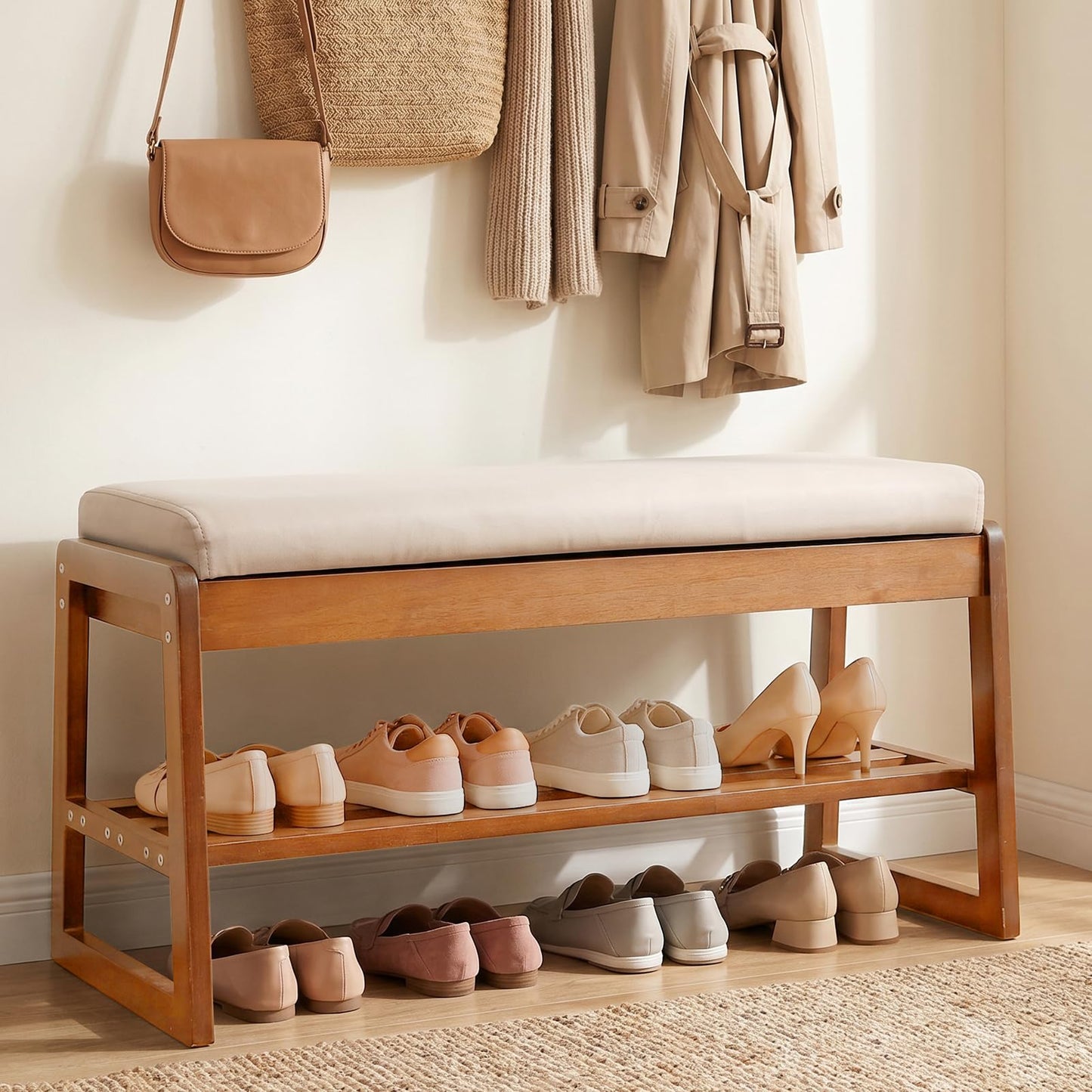 Moutosne Shoe Rack Bench with Cushion, 2-Tier Entryway Bench with Storage for Front Entrance, Hallway Living Room Bedroom (Brown, 31.5")
