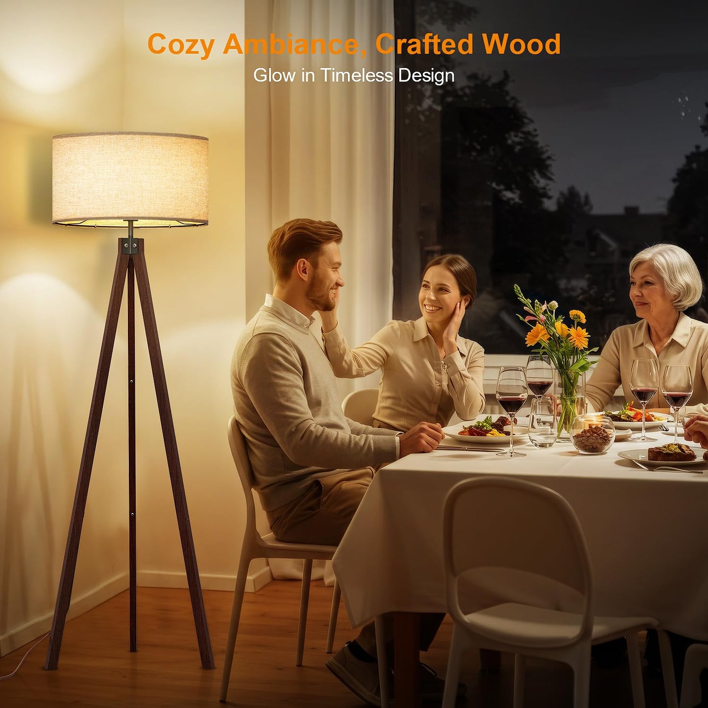 LEPOWER Wood Tripod Floor Lamp, Mid Century Standing Lamp, Modern Design Studying Light for Living Room, Bedroom, Study Room and Office, Flaxen Lamp Shade with E26 Base Walnut