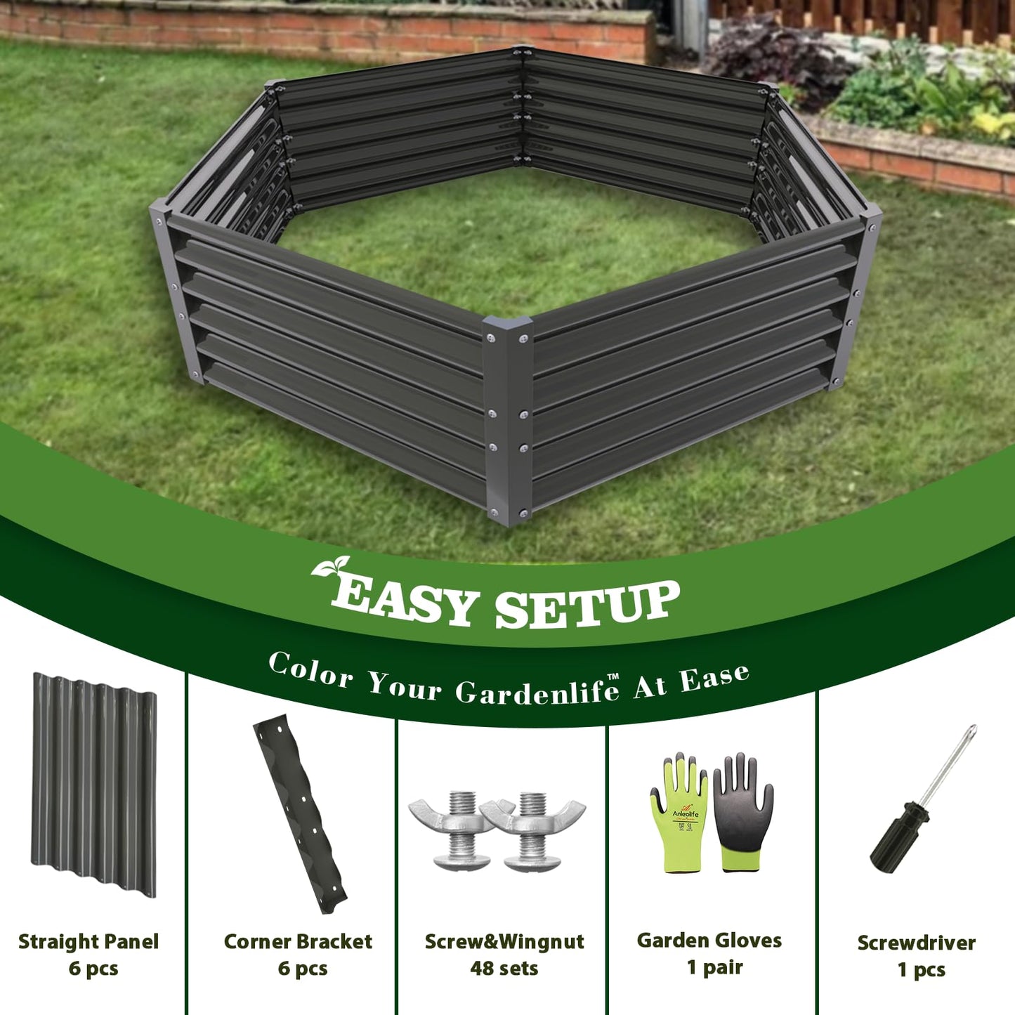 A ANLEOLIFE Hexagon Galvanized Metal Raised Garden Bed Outdoor, 70x60x18in Deep Metal Planter Box for Flowers, Herbs & Vegetables, 18'' Tall Decorative Raised Bed, Quartz Grey