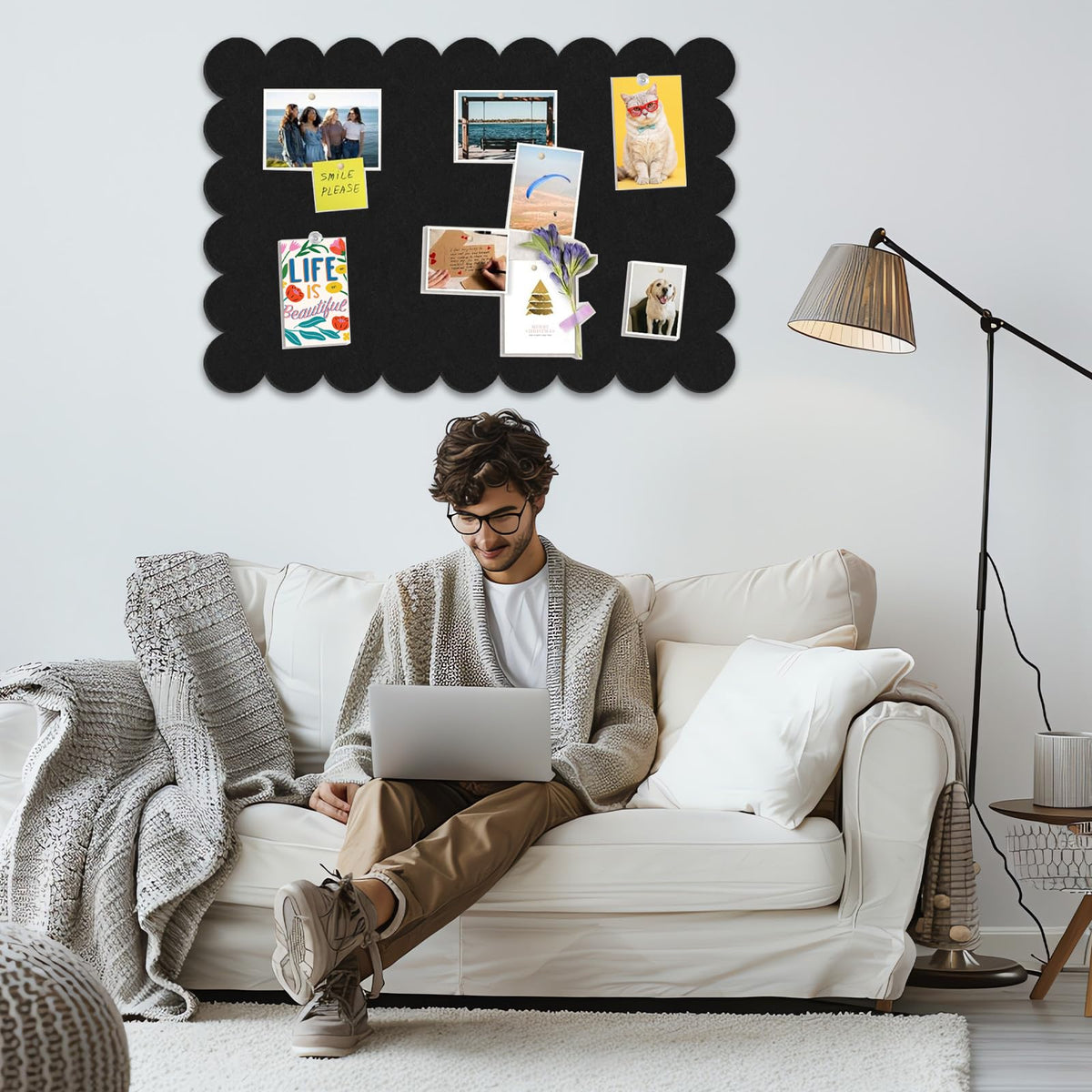 Black Scalloped Felt Bulletin Board - 36 x 24 Inches Large Felt Board Foldable Cork Board Alternative Photo Board Self-Adhesive Vision Board Decorative Pin Board for Wall