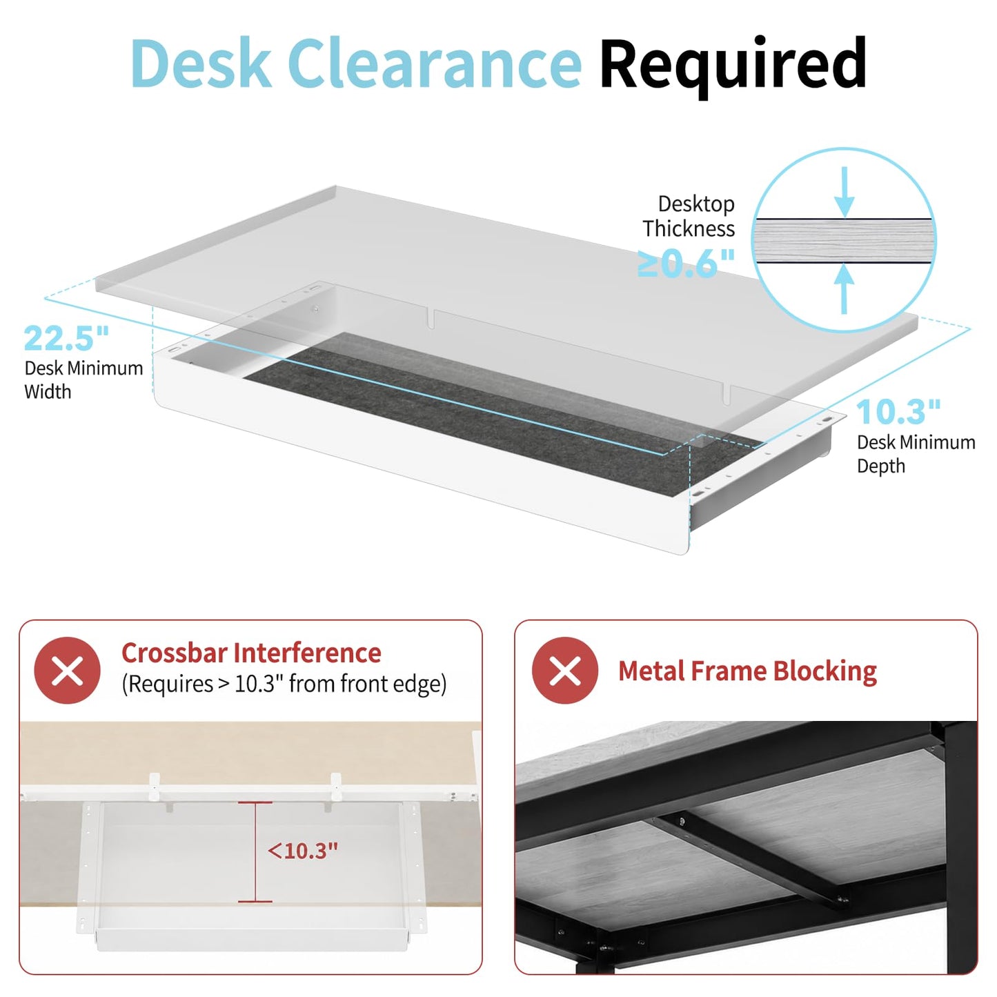 ERGO COLLECT Under Desk Drawer,20.1 inch Carbon Steel Slide-Out Under Table Storage Organizer With Full Extension Ball-Bearing Slides,Undermount Drawer For Standing Desk & Home Office,White