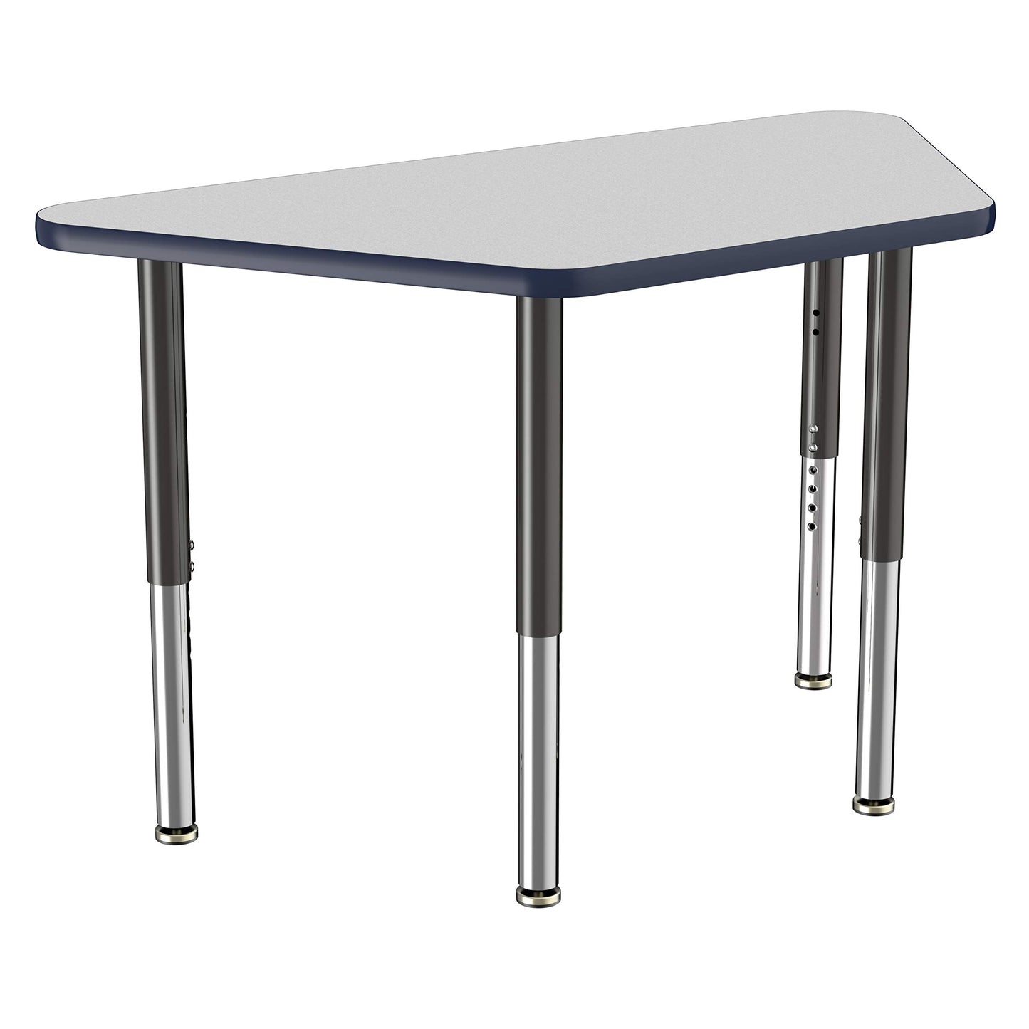 FDP Mobile Trapezoid Activity School and Office Table (24 x 48 inch), Super Legs with Glides and Casters for Collaborative Environments, Adjustable Height 19-30 inches - Gray Top and Navy Edge