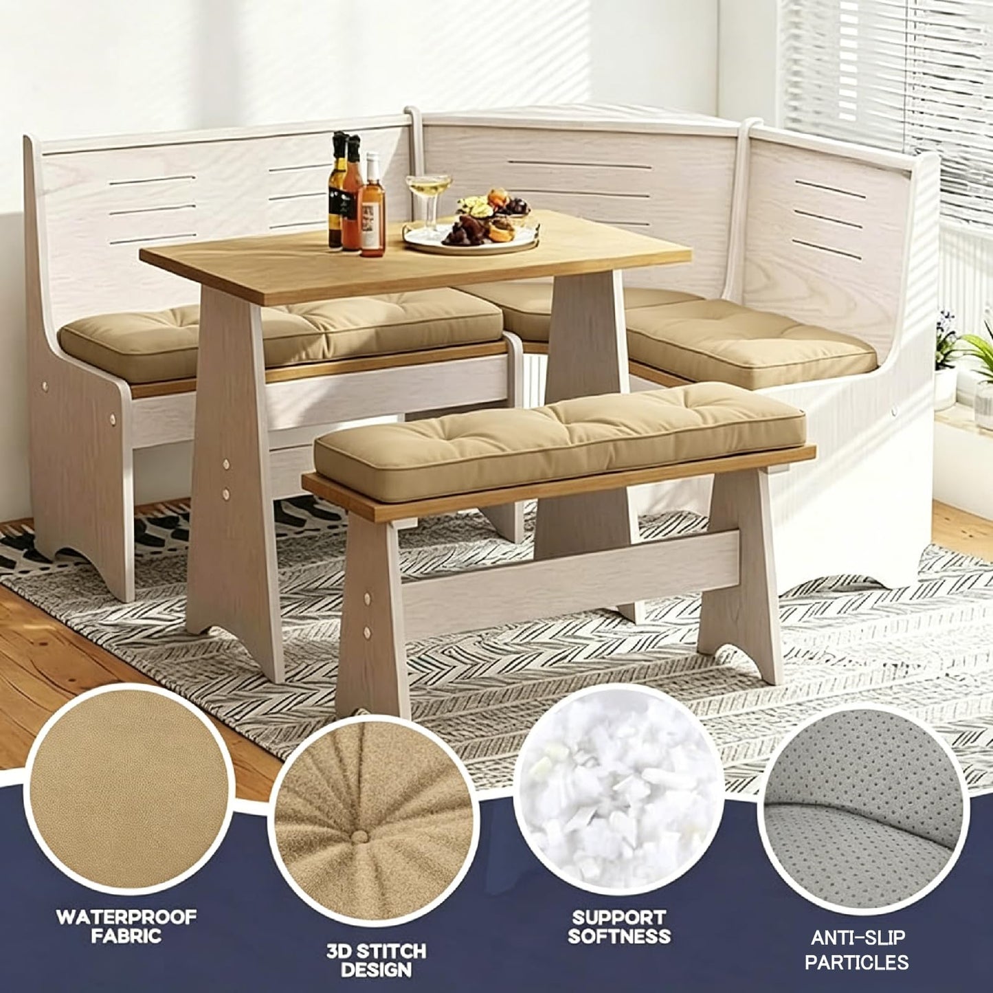 CTLAMK Breakfast Nook Cushions Set of 4, Waterproof Oxford Fabric Kitchen Nooks Cushions, Soft Polyester Filling Cozy Supportive Nooks Cushion, Breakfast Nook Cushion Cozy Dining Area Seating,Khaki