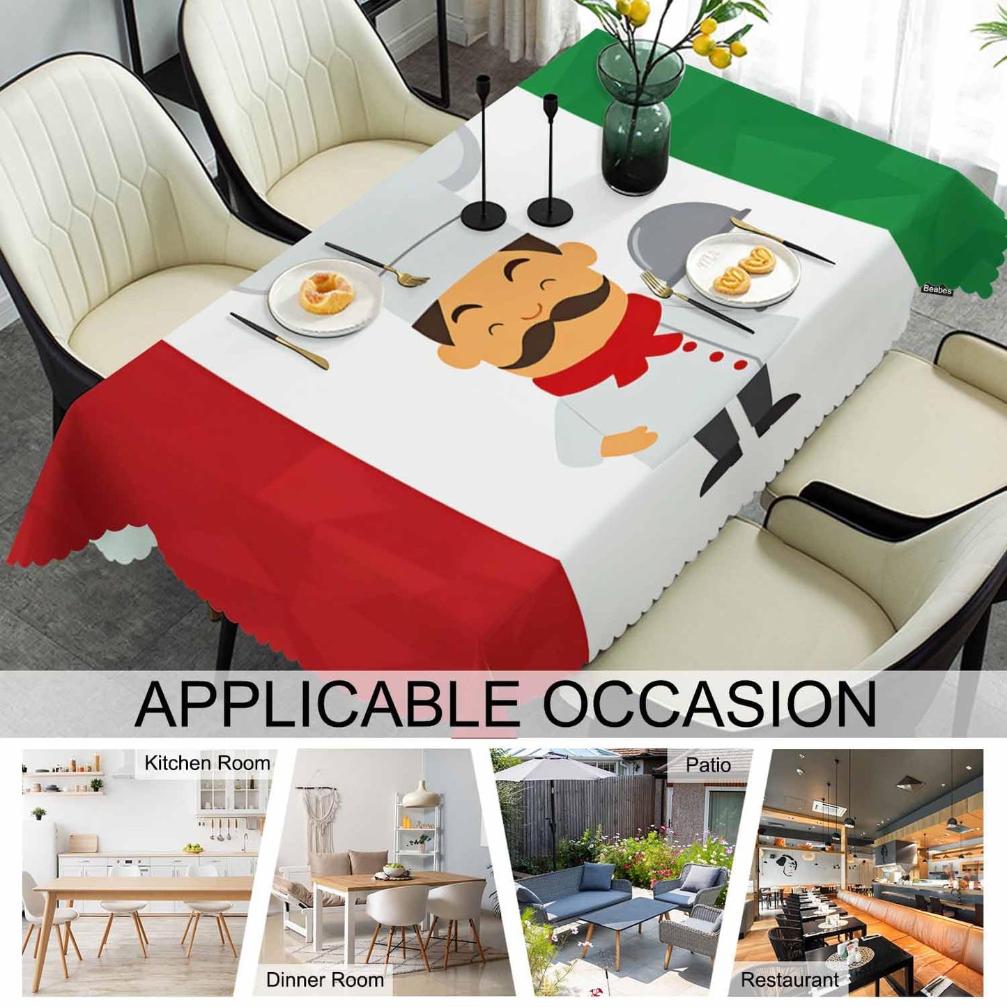 Beabes Chef Rectangle Tablecloth 52x70 Inch Cartoon Chef Italian Flag Dining Table Cloth Table Cover for Home Kitchen Restaurant Party Buffet Picnic, 4-6 Seats