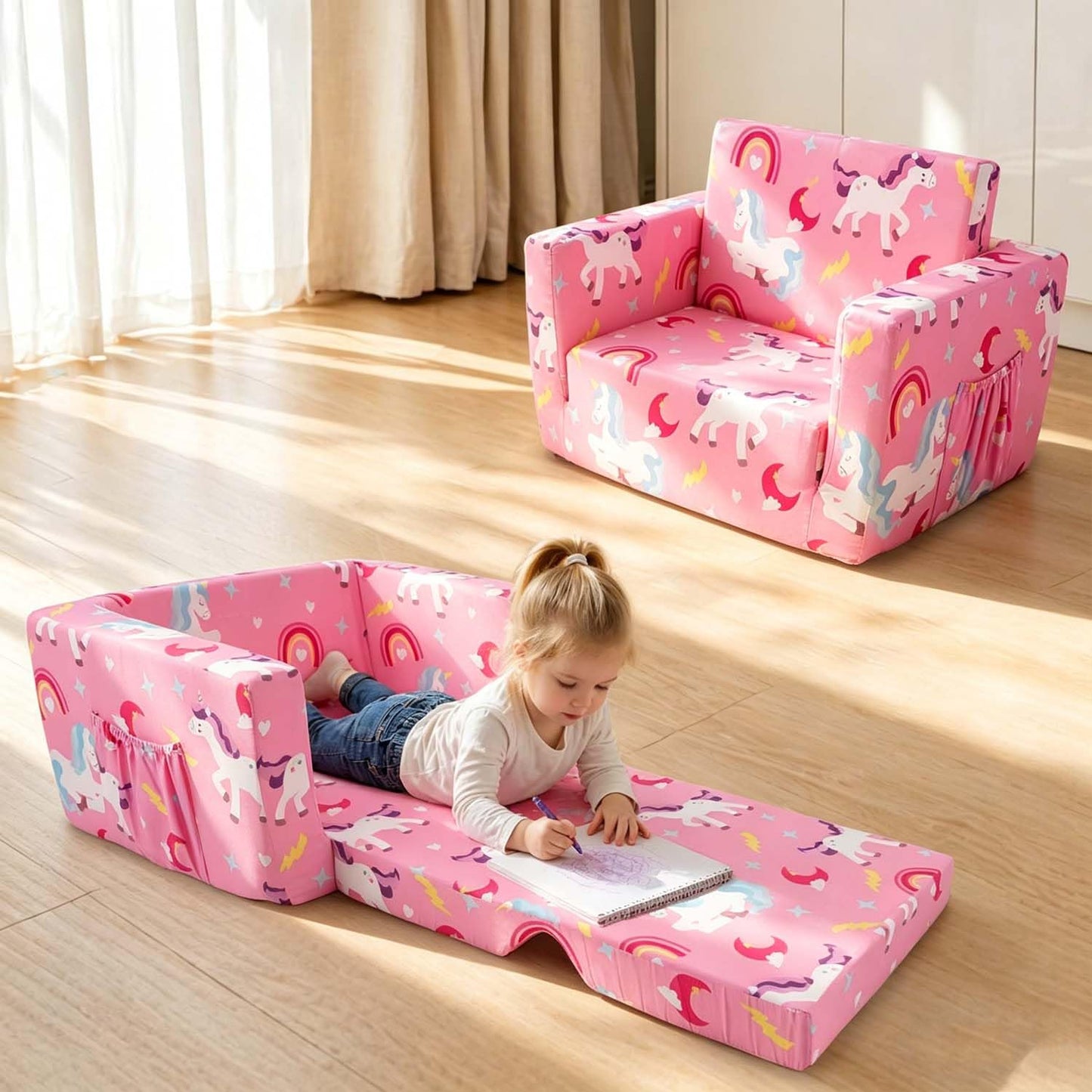 Beavtaens Kids Couch, 2-in-1 Kids Fold Out Couch, Convertible Sofa to Lounger for Girls and Boys, Soft Toddler Chairs Comfy 1-3 Years Old - Light Pink