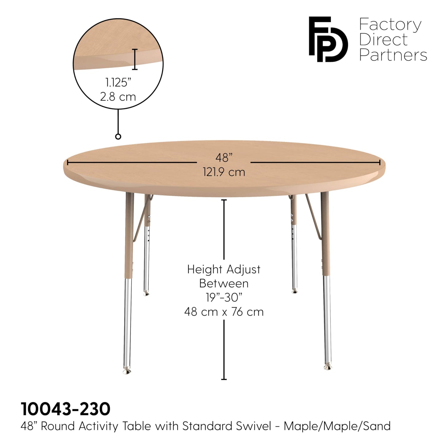 Factory Direct Partners FDP Round Activity School and Office Table (48 inch), Standard Legs with Swivel Glides, Adjustable Height 19-30 inches - Maple Top and Maple Edge with Sand Legs, 10043-230