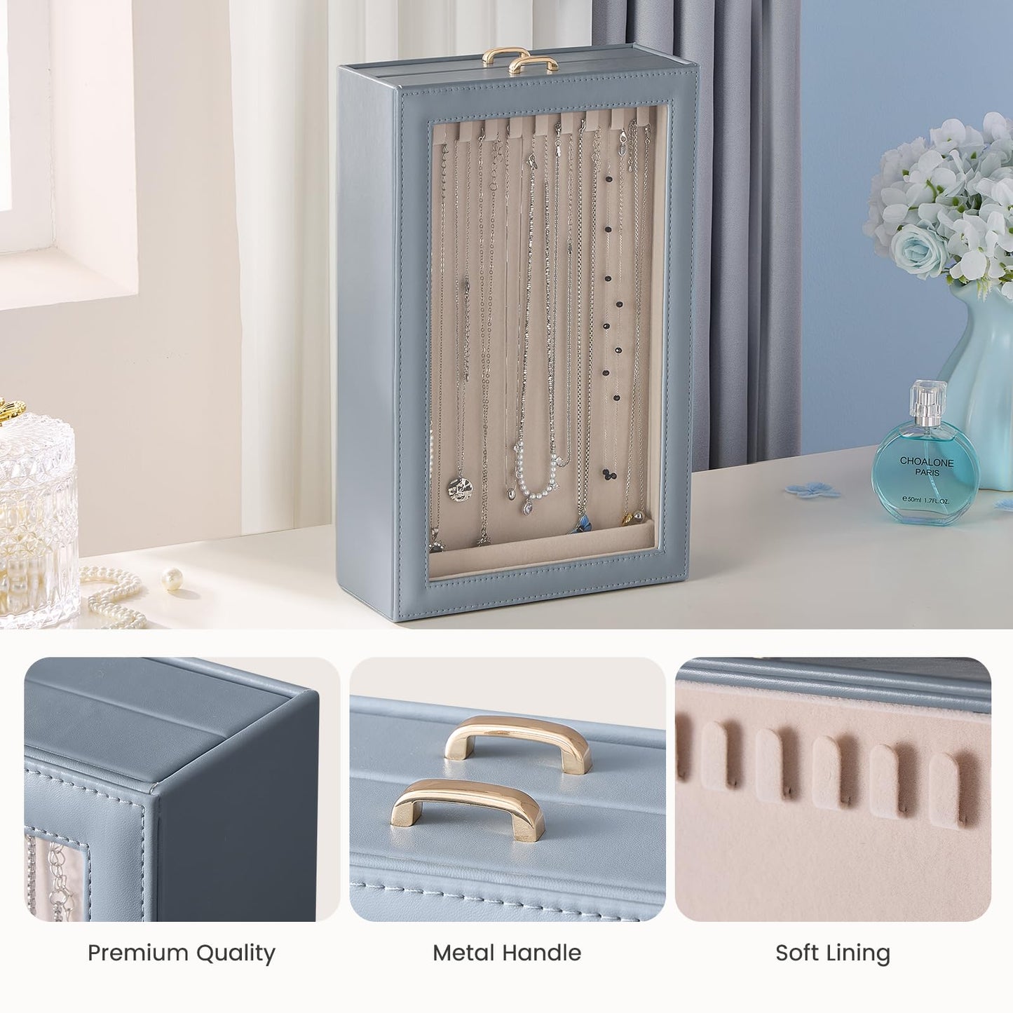 Lolalet Necklace Organizer Box, Jewelry Storage Box with Clear Window for Necklaces Bracelets, Tangle-Free Necklace Display Case for Women Girls, Dusty Blue, 2 Layers 20 Hooks