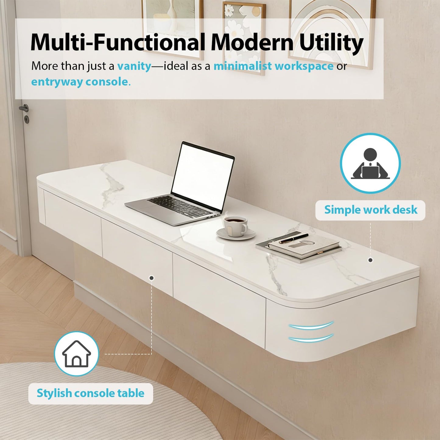Quvex Fully Assembled Floating Makeup Vanity Desk, Wall Mounted Dressing Table with Drawers, Rounded Corners, 23.6" - 63" Available, Space-Saving Modern Hanging Dresser for Bedroom, Table Only