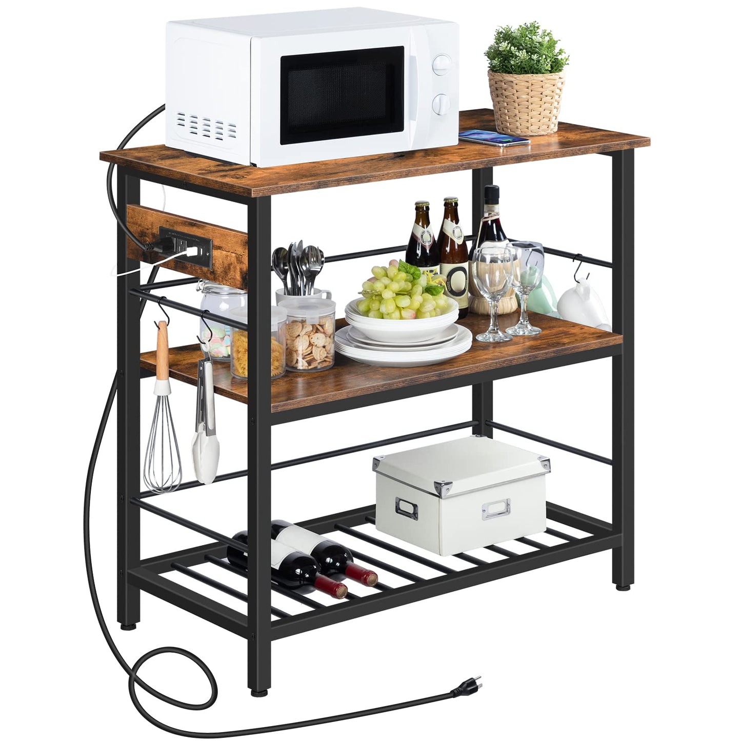 HOOBRO Kitchen Island with Storage, Kitchen Island Table with Power Outlet, 35.4" L 3 Tier Coffee Station and Microwave Stand, for Home, Dining Room, Rustic Brown and Black BF021ZD01