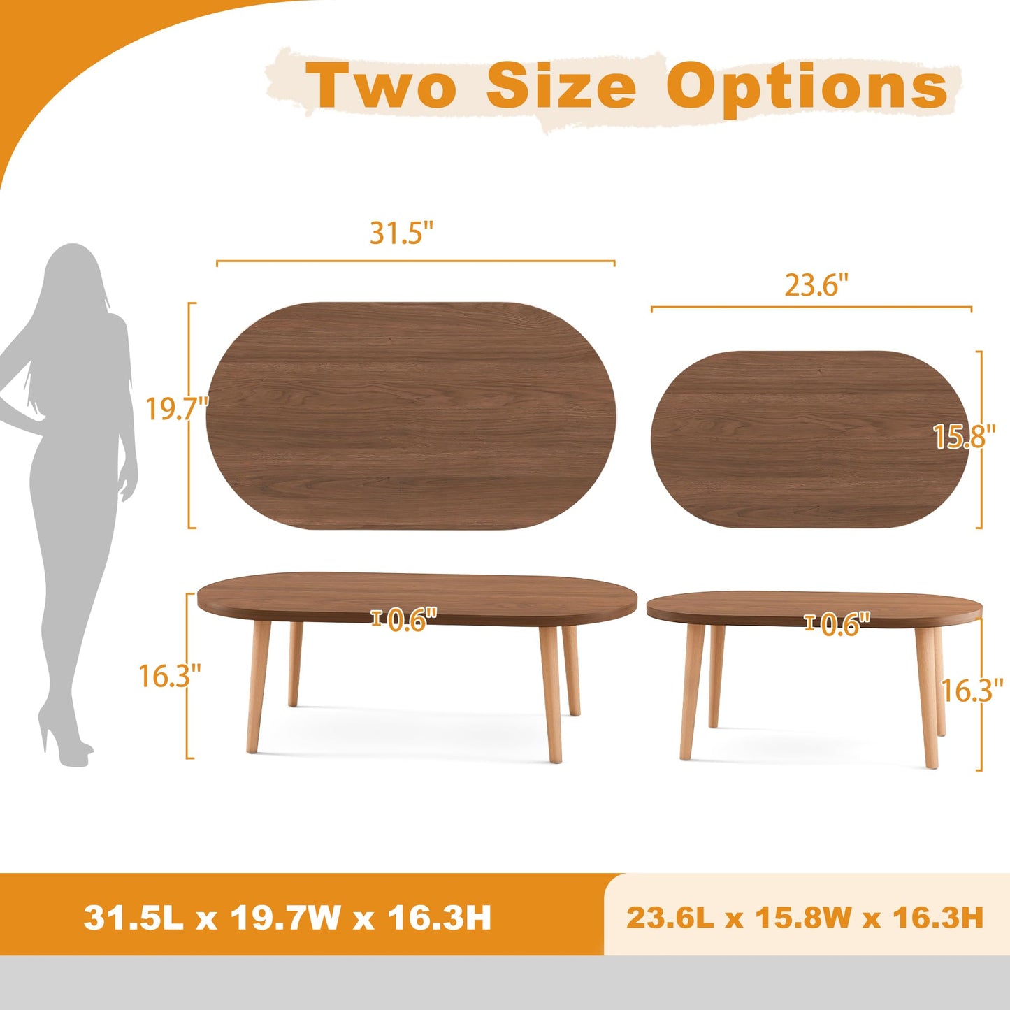 Coffee Table, 31.5" Modern Low Table with Solid Wood Legs, Floor Table Desk for Sitting on The Floor, Easy Assembly Small Space Coffee Table for Living Room, Apartment, Office (Large Oval BlackNut)