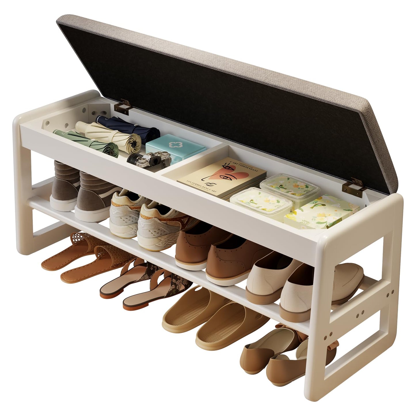 AQIMUELE Shoe Rack Bench,2 Tiers Shoe Bench with Storage with Flip-Top,Wood Shoe Rack for Entryway,Hallway（White Upholstered Seat,11.8" D x 39.3" W x 15.7" H）