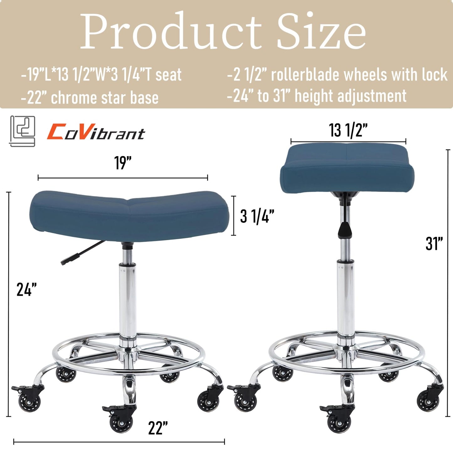 CoVibrant Heavy Duty Adjustable Rolling Stool with Wide Seat, Lockable Rubber Wheels & Footrest - Swivel Stool Chair for Kitchen, Lab, Office, Salon, Home (Blue, 24''-31'')