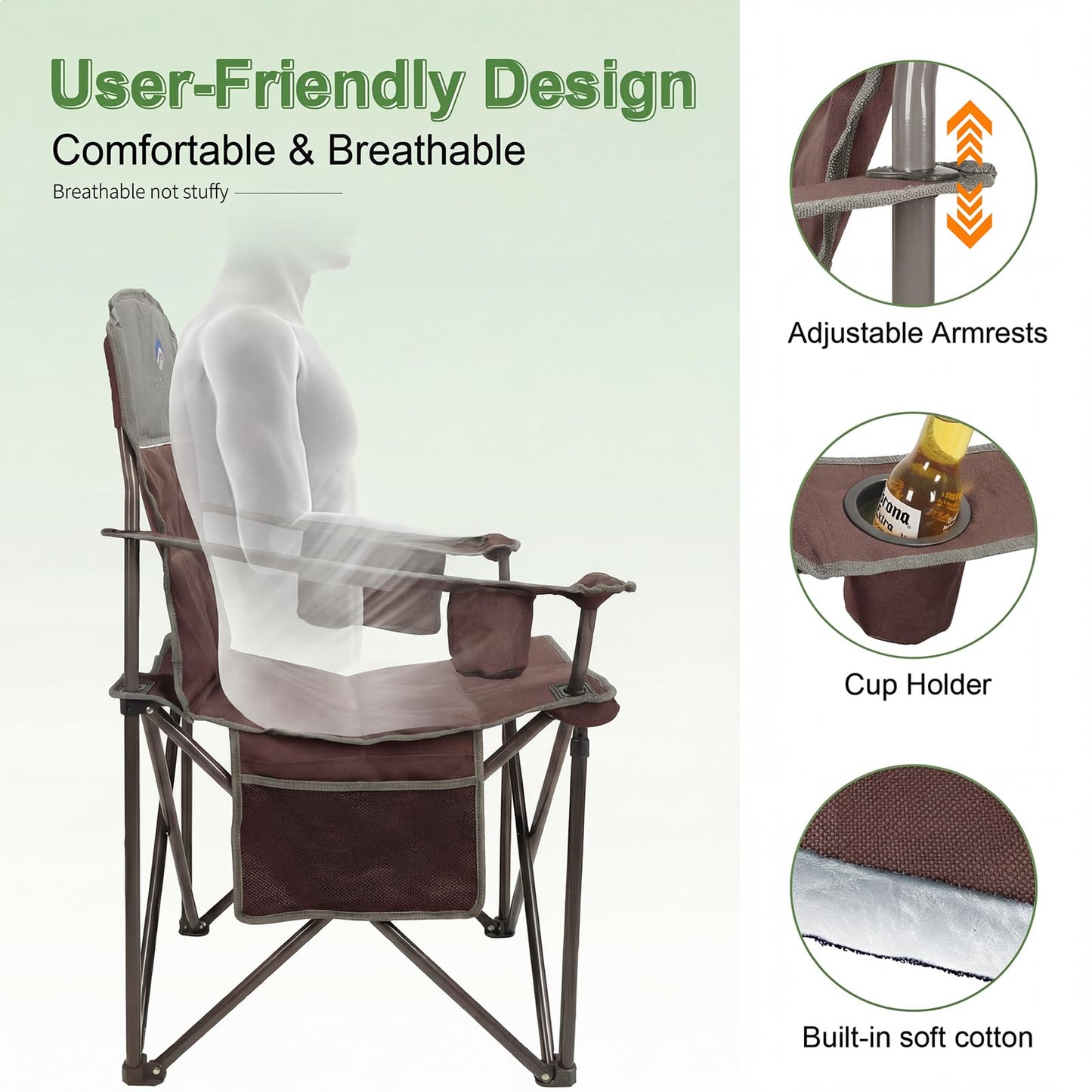 CAMPHILL Oversized Camping Chairs 2 Pack - Heavy Duty 400LBS Padded Lawn Chair with Cooler Bag,Cup Holder,Side Pocket,Collapsible for Outdoor,Camp,Fishing & Garden,Maroon