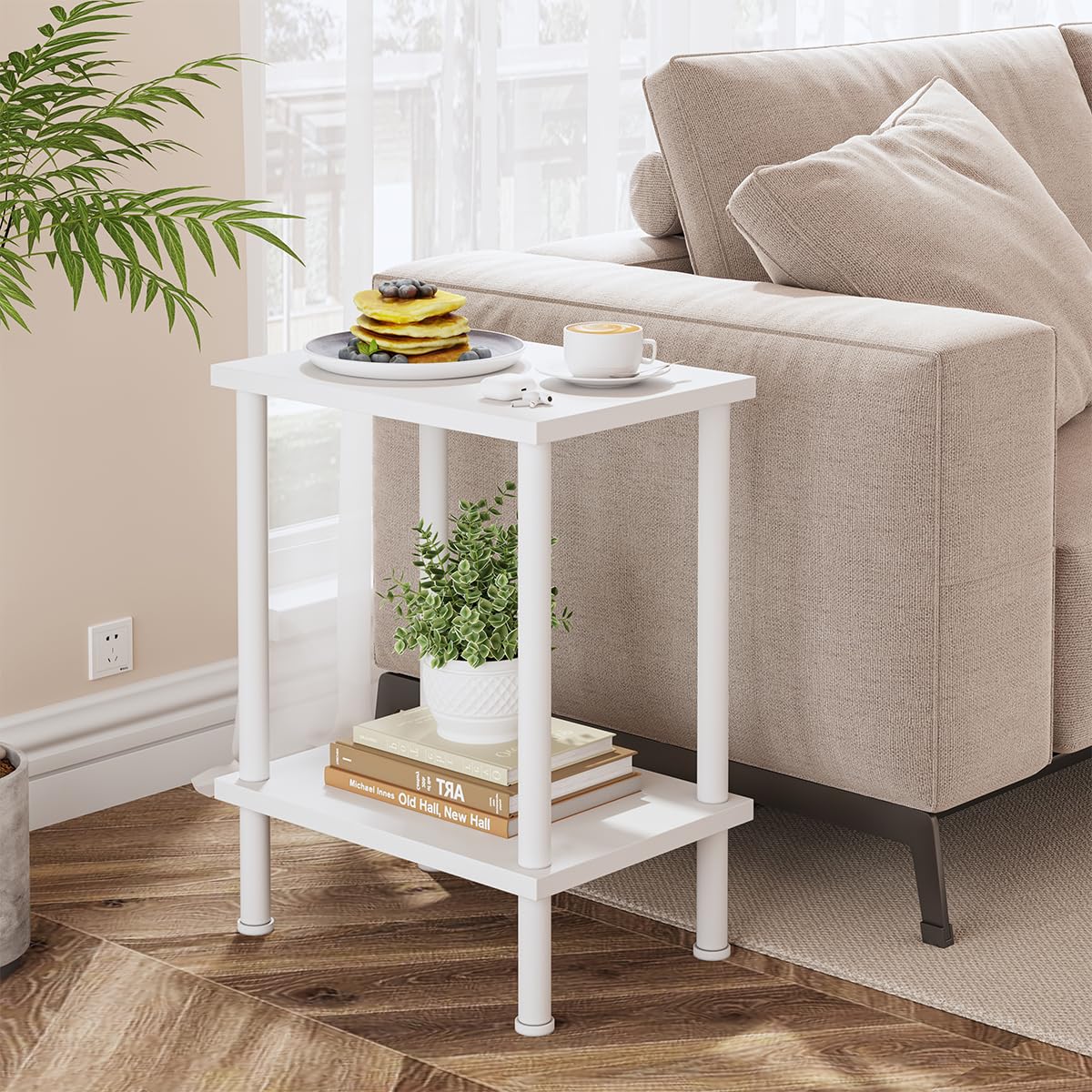 VIMBER End Table, Set of 2 Side Table with Metal Legs, Small Nightstands with 2-Tier Storage Shelves, Tiny Sofa Table for Small Space, Coach Table for Living Room Bedroom, White UTBT104W2