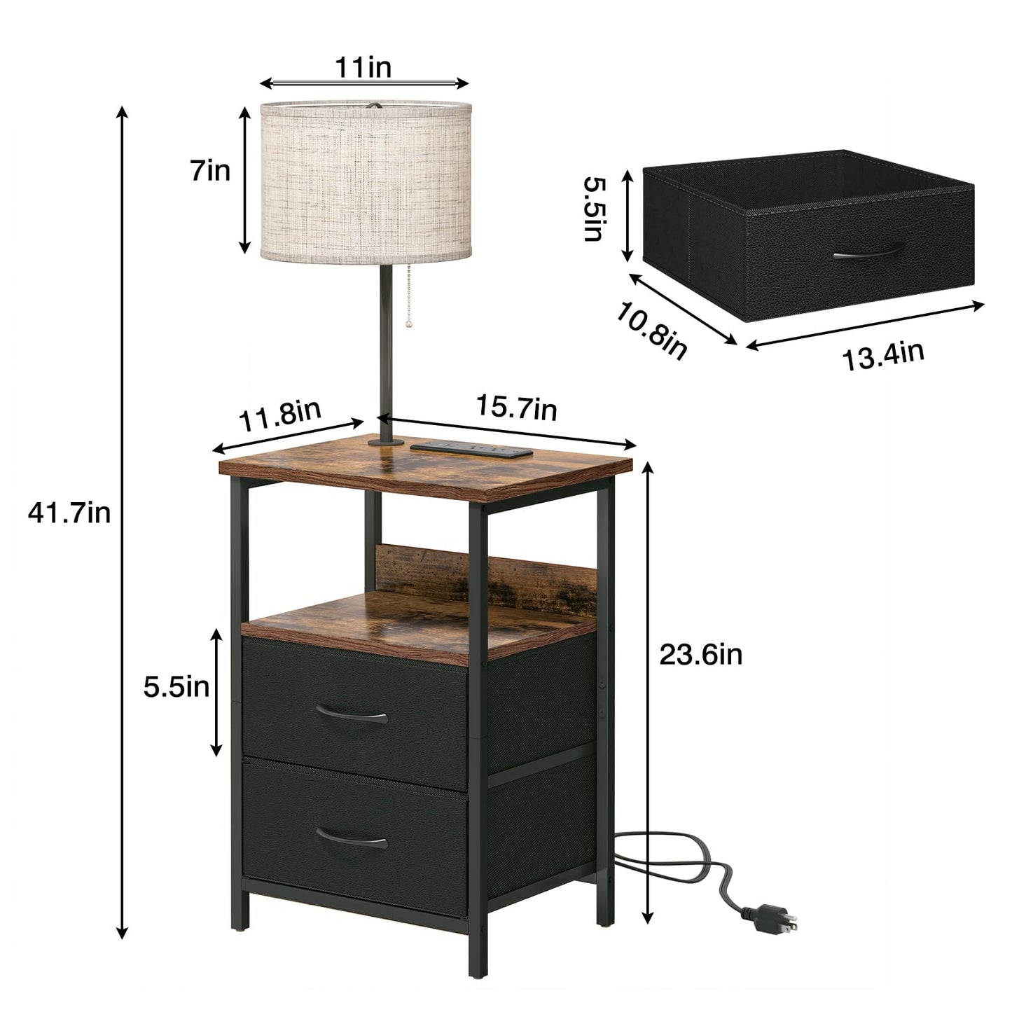 Fixwal Bedside Table with 3 Color Temperature Reading Light, Nightstand with LED Light & Charging Station End Table with Adjustable Fabric Drawer for Bedroom, Dorm, Rustic Brown