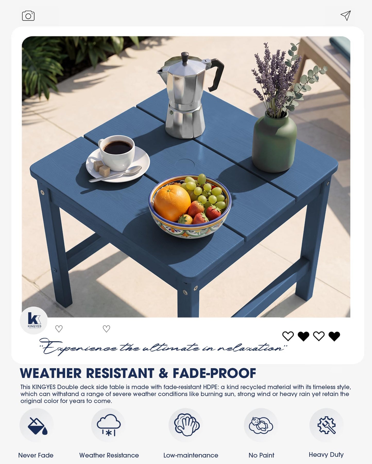 KINGYES Double Side Table with 1.6'' Umbrella Hole, HDPE Adirondack End Table- Blue