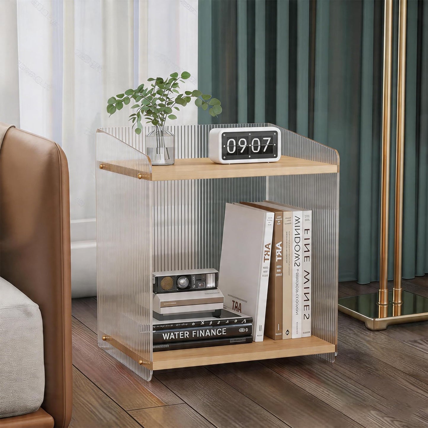 Acrylic and Wood End Table with 2-Tier Storage, Side Table for Couch Dinner Coffee Drink Table TV Snack Tray Modern Minimalist Nightstand for Living Room, 18.9 Inch, Clear (Wood)