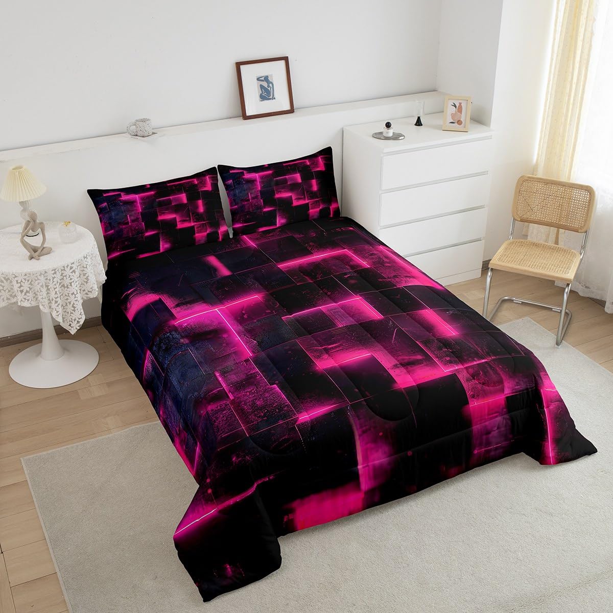 3D Geometric Bedding Set Twin Abstract Aesthetic Twin Comforter, Black and Hot Pink Duvet Insert Glowing Futuristic Cubes Quilt Comforter, Neon Grid Bedding Comforters & Sets 2pcs (Black Reversible)
